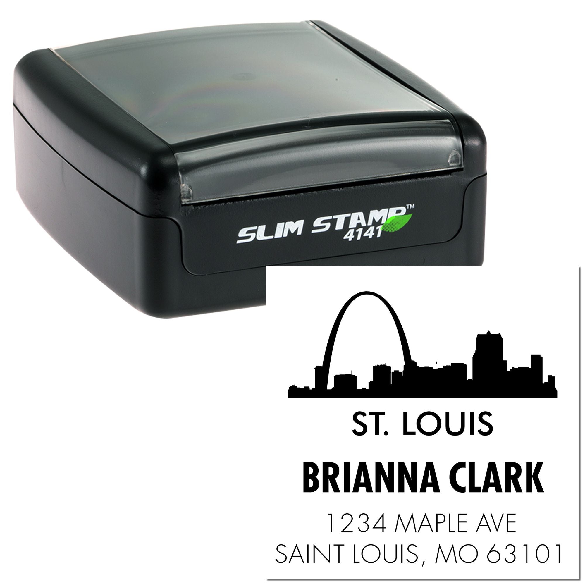 Slim self-inking custom rubber stamp with St. Louis skyline return address for Brianna Clark, 1234 Maple Ave.