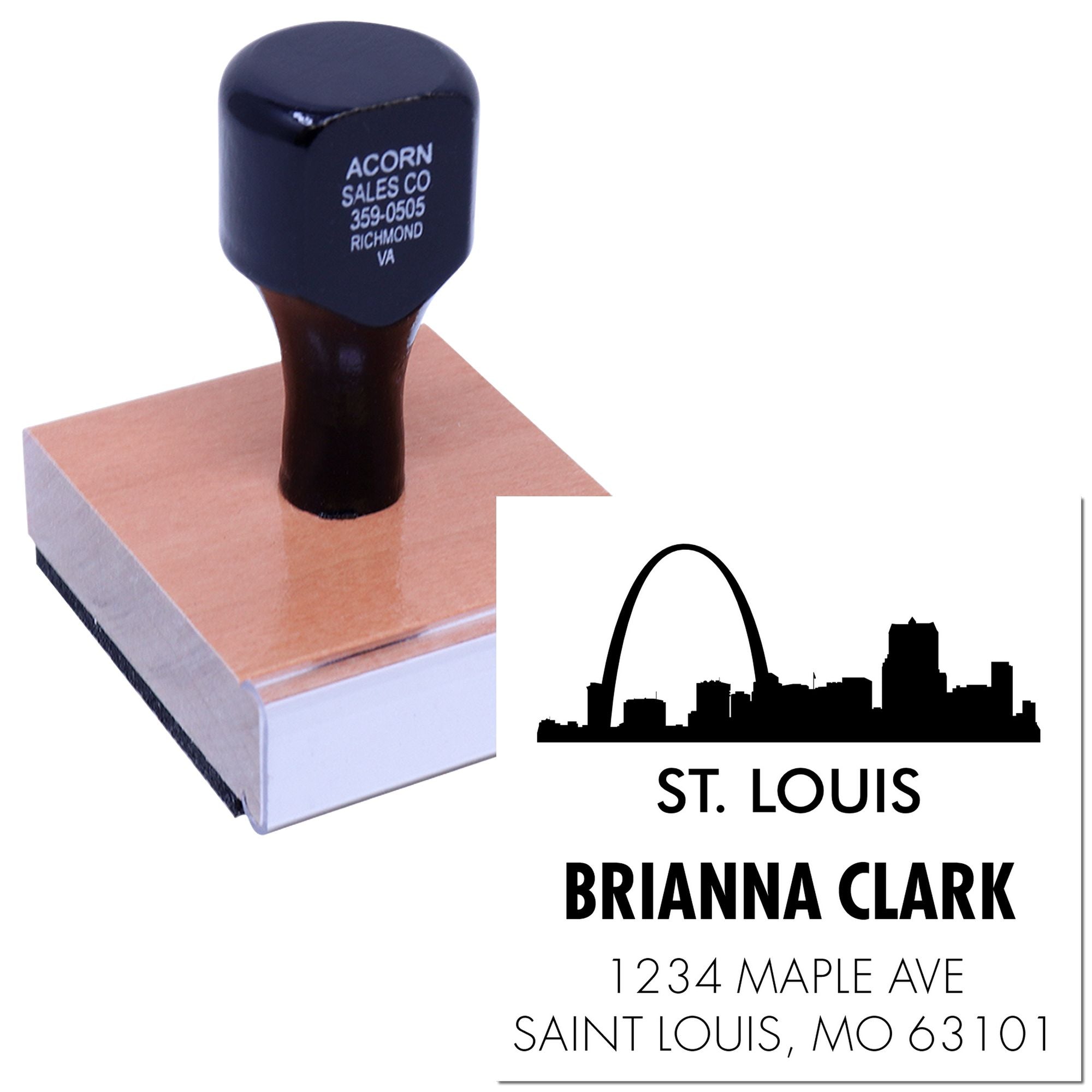 Custom self-inking rubber stamp with St. Louis skyline and Brianna Clark return address design for mailing labels