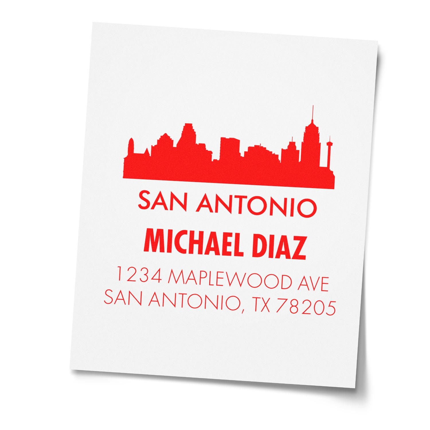 Custom San Antonio return address rubber stamp with skyline, Michael Diaz name, and address.