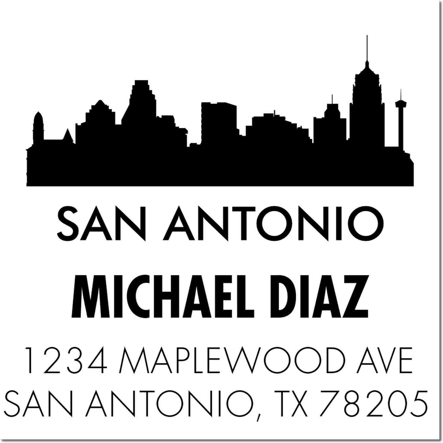 Custom San Antonio return address rubber stamp with skyline silhouette, Michael Diaz name, and personalized address.
