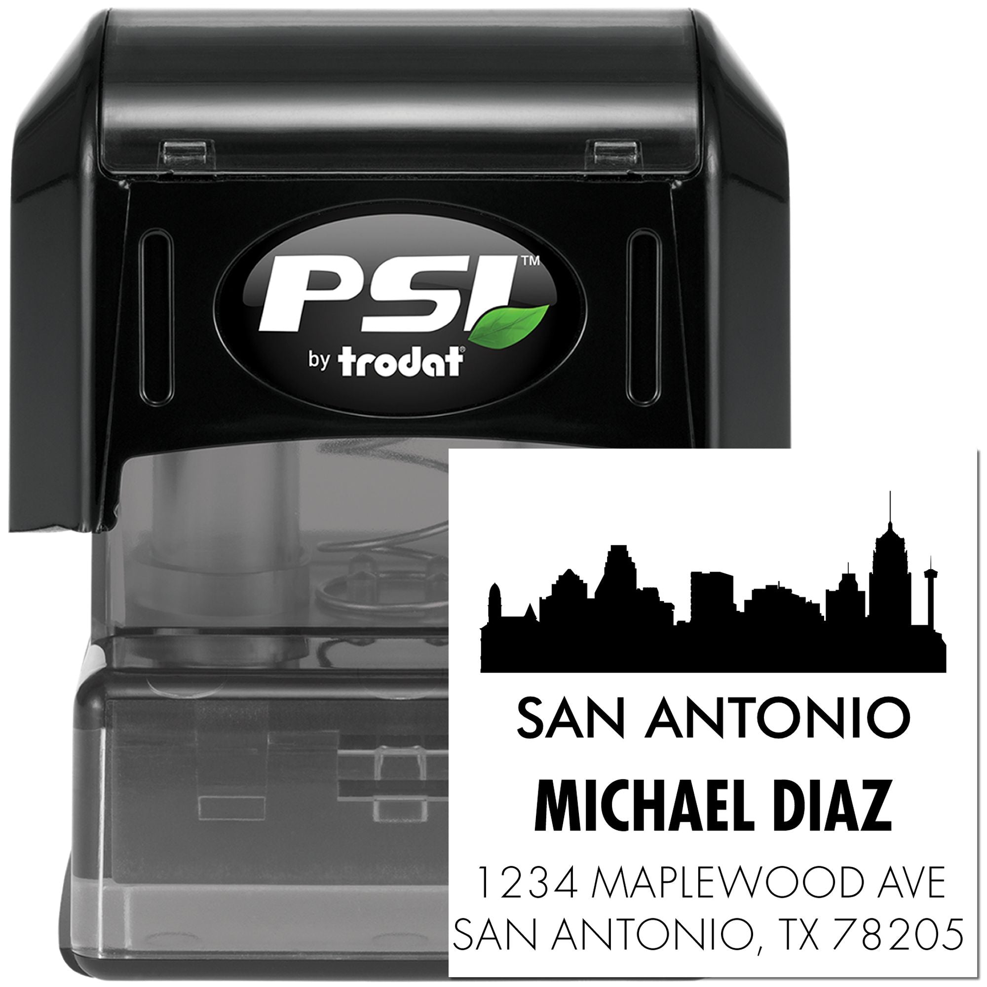 Custom self-inking rubber address stamp with San Antonio skyline and personalized return address for mailing and branding.