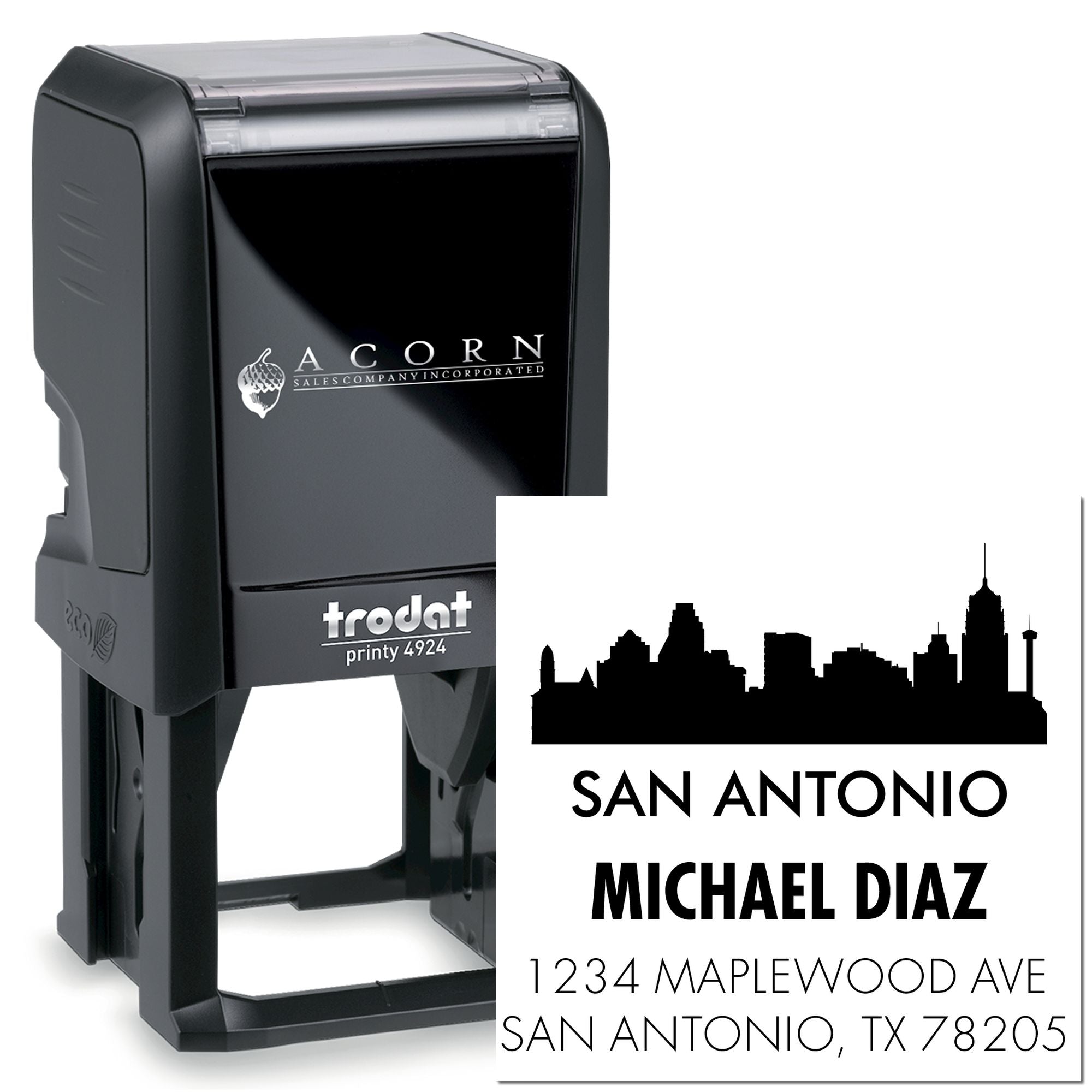 Custom self-inking Trodat rubber address stamp with San Antonio skyline, Michael Diaz name, and return address for mailings.