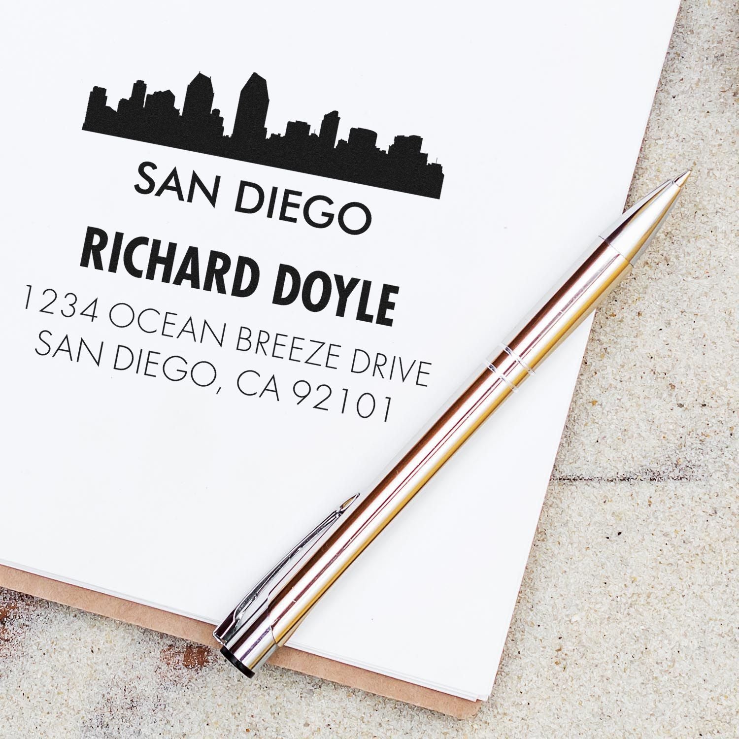 Custom San Diego skyline address rubber stamp with Richard Doyle name and return address