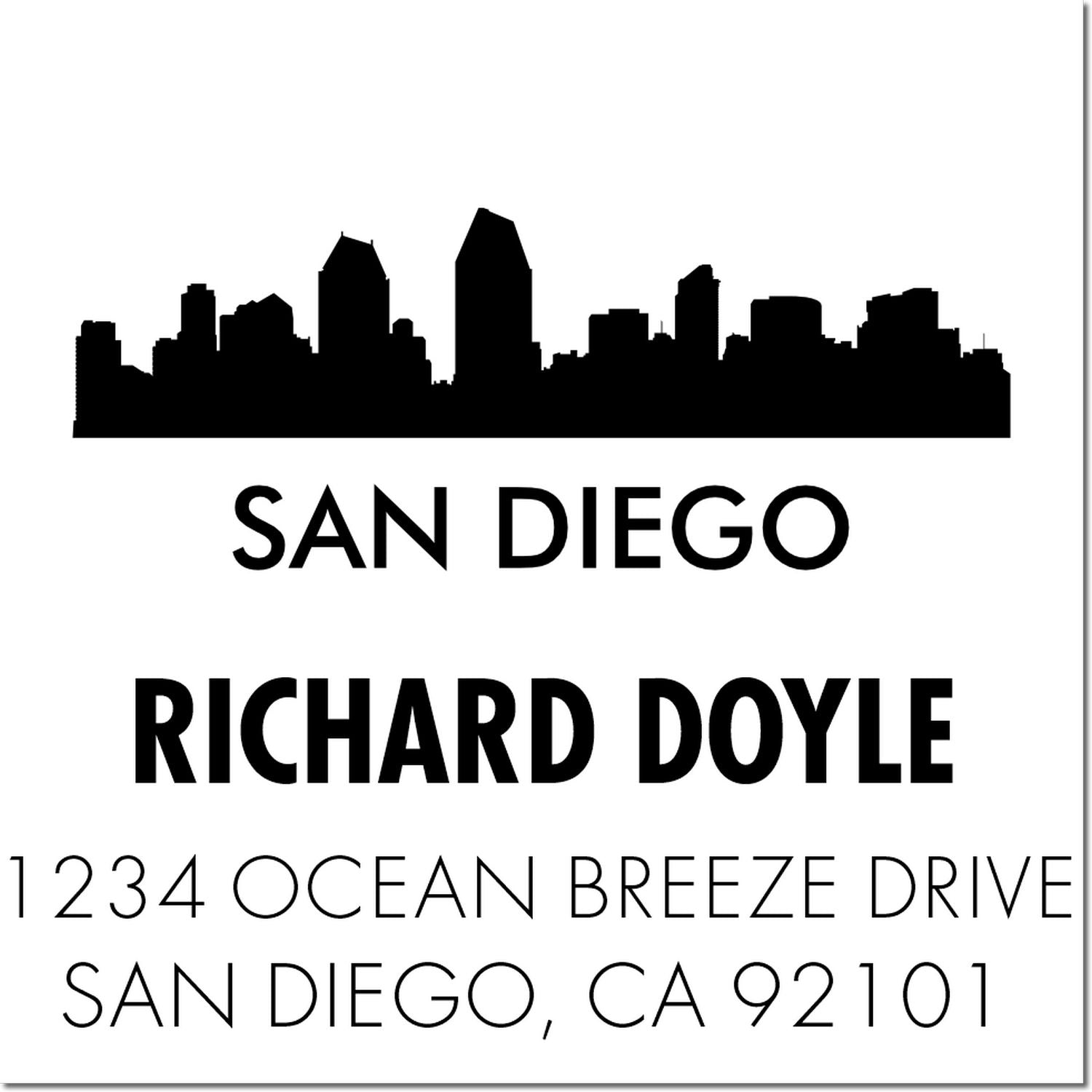 Custom San Diego return address rubber stamp with skyline, Richard Doyle, 1234 Ocean Breeze Drive, San Diego, CA 92101.