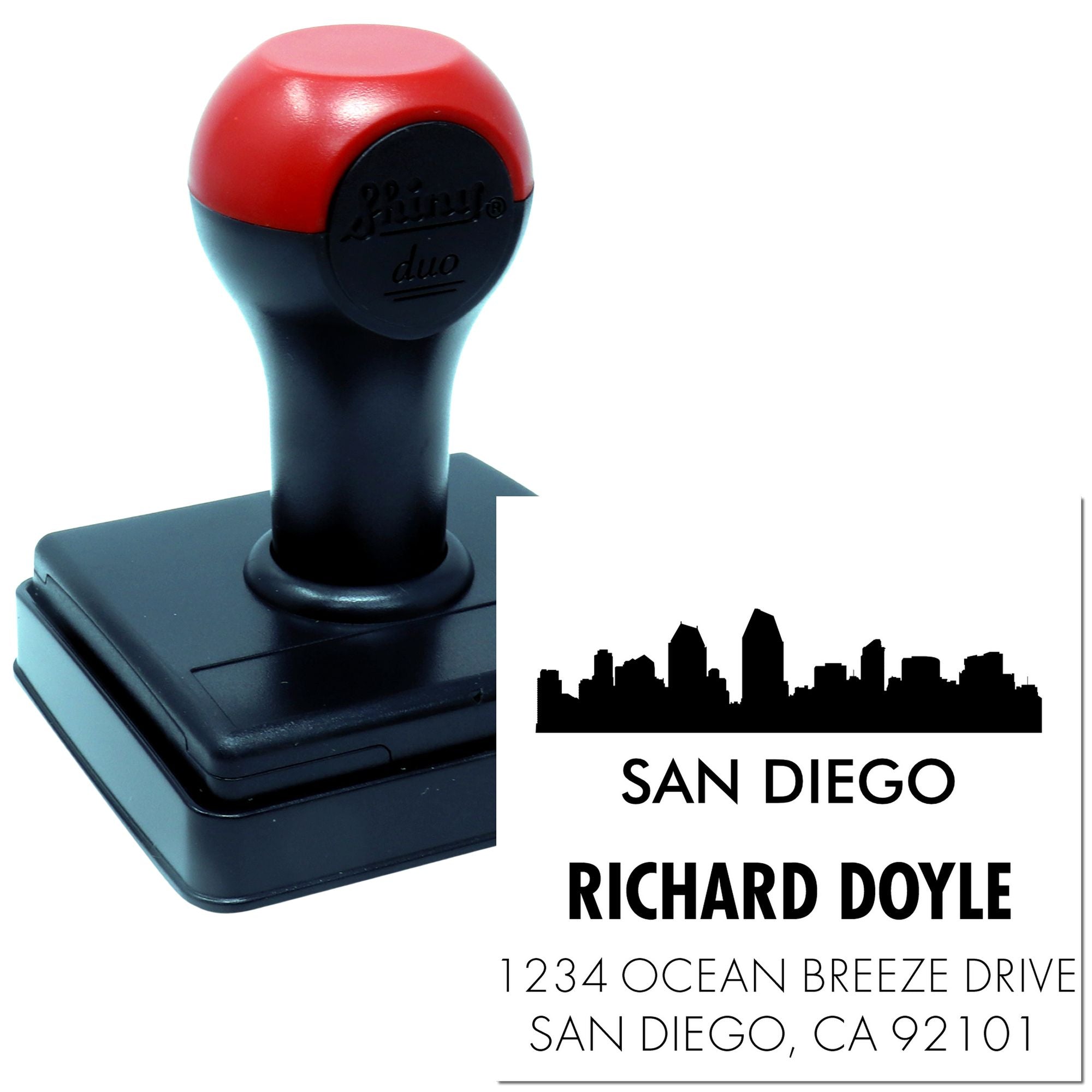 Custom self-inking rubber address stamp with San Diego skyline, name, and return address for personalized mail.