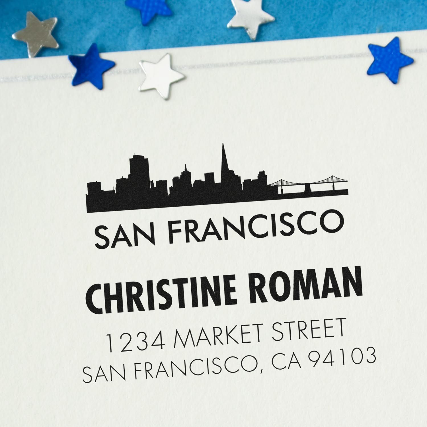 Custom San Francisco return address rubber stamp with skyline design, personalized name, and address for mailings.
