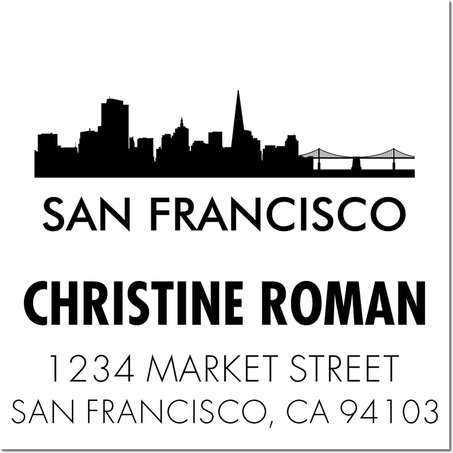 Personalized San Francisco return address rubber stamp with skyline, Christine Roman, 1234 Market Street, CA 94103