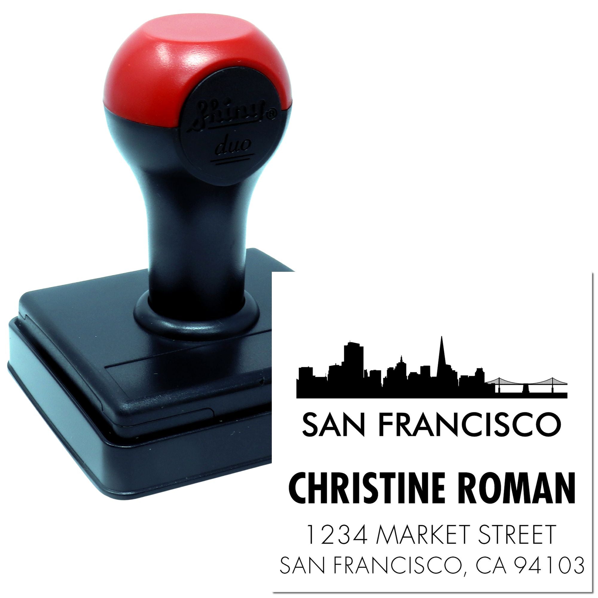 Custom self-inking rubber address stamp with San Francisco skyline and personalized name and address imprint.