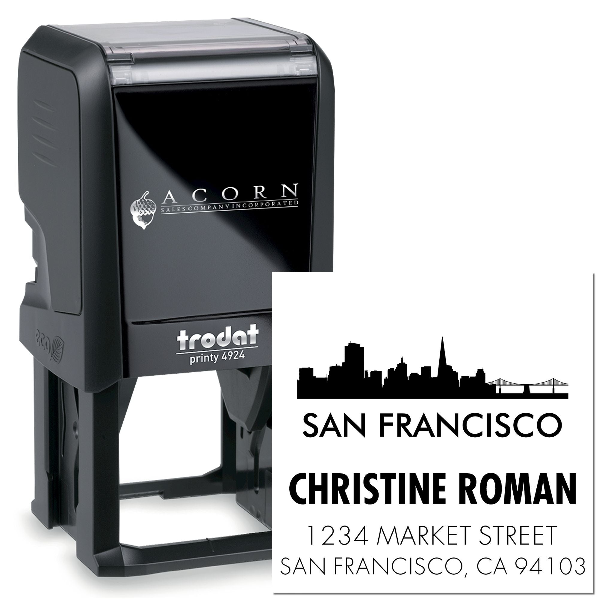Custom self-inking Trodat Printy 4924 address rubber stamp with San Francisco skyline, Christine Roman name, and address