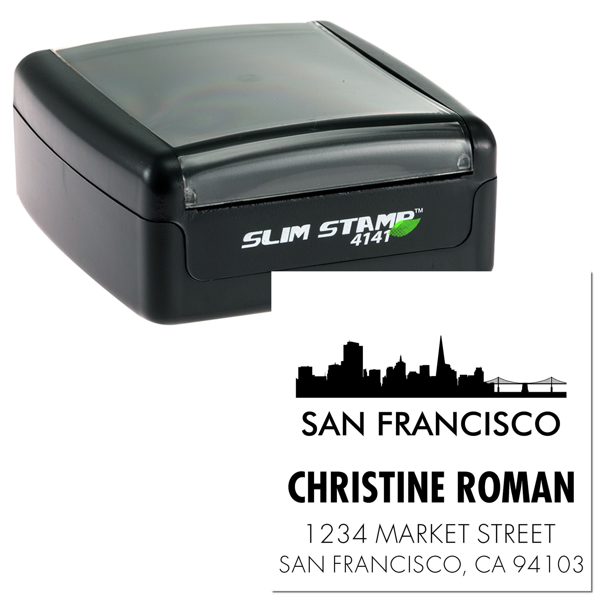 Custom self-inking rubber return address stamp with San Francisco skyline and personalized name and address imprint