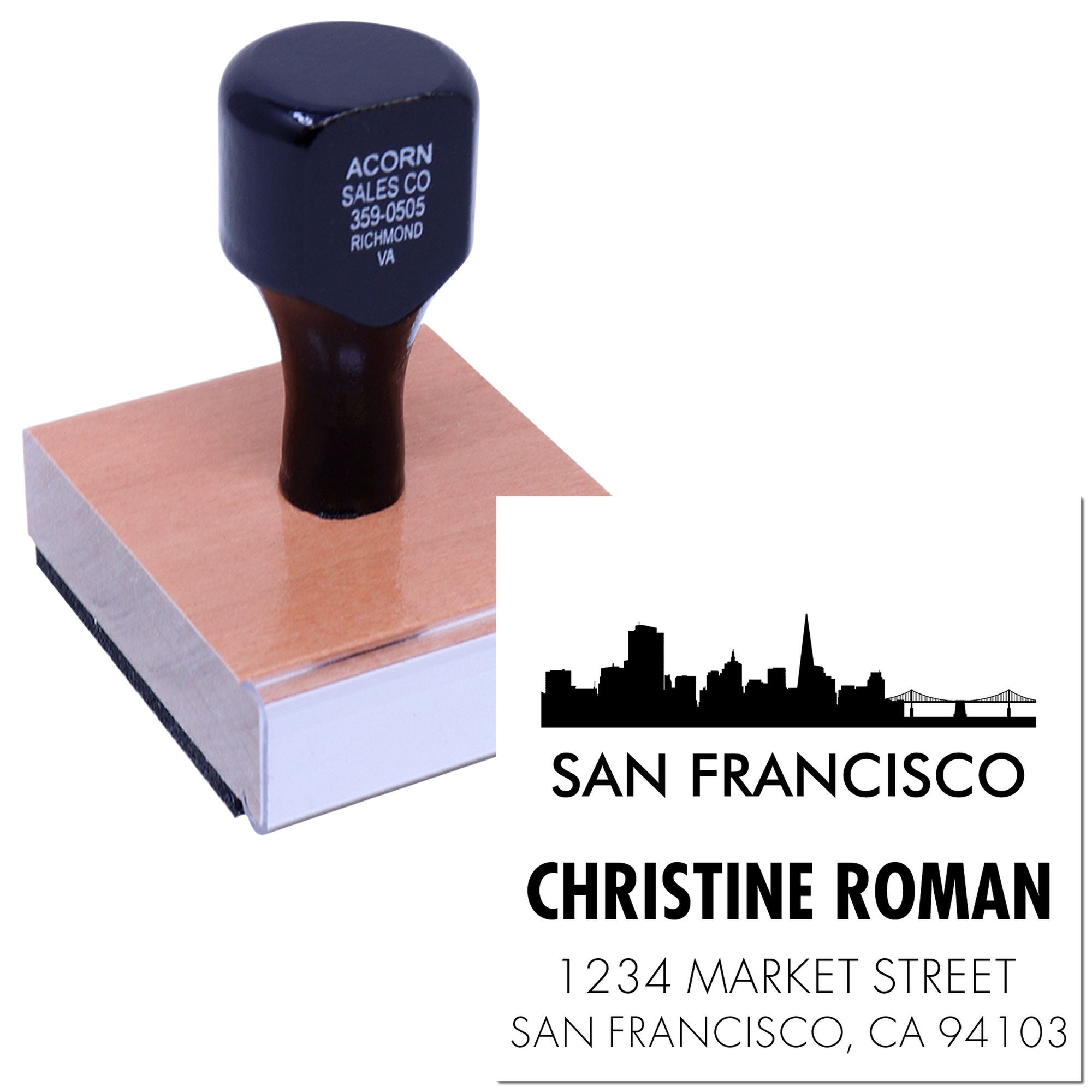 Custom San Francisco address rubber stamp with skyline design, perfect for personalized business mailings and branding.