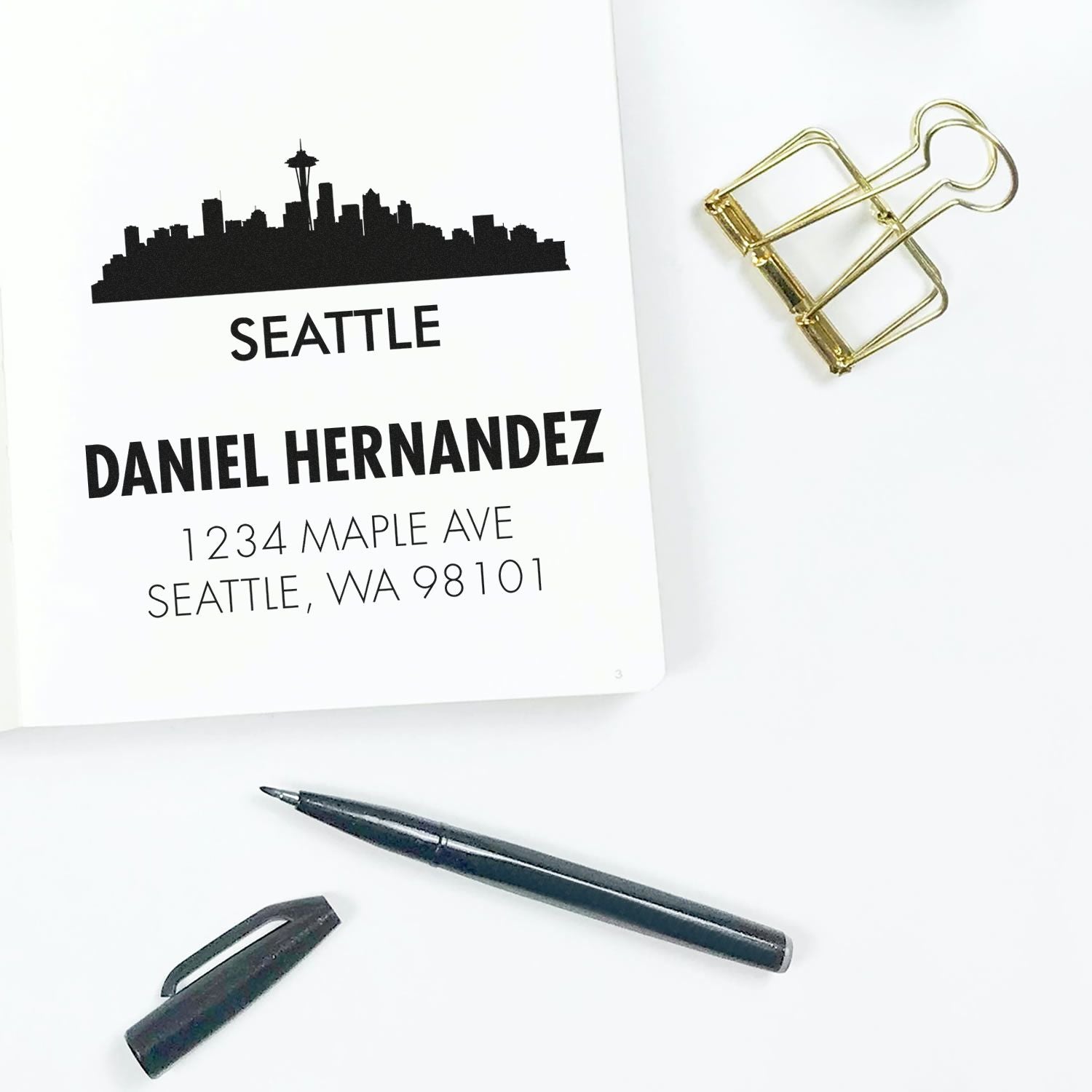 Custom Seattle skyline address stamp for Daniel Hernandez, ideal for personalized return address mailings
