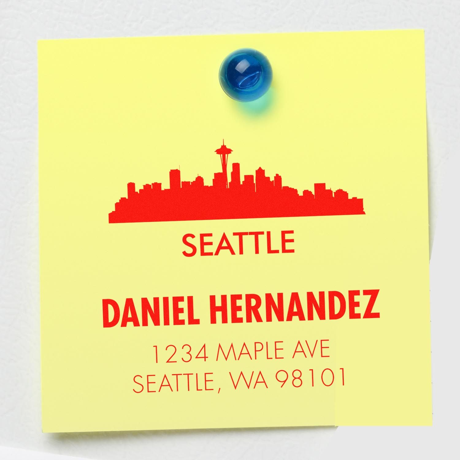 Custom return address rubber stamp sample with Seattle skyline, Daniel Hernandez name, and Seattle, WA mailing address.