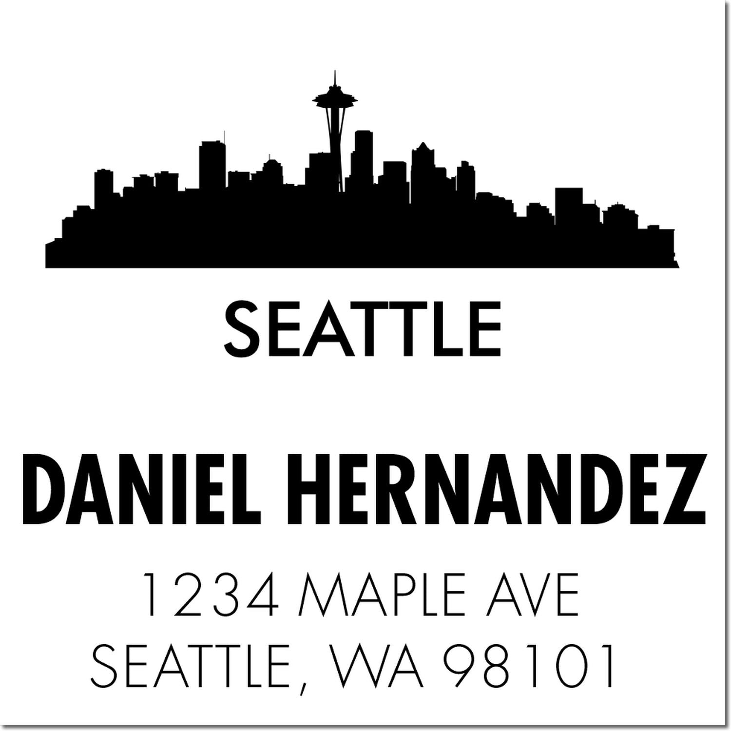 Seattle skyline personalized return address rubber stamp for Daniel Hernandez, 1234 Maple Ave, Seattle WA 98101.