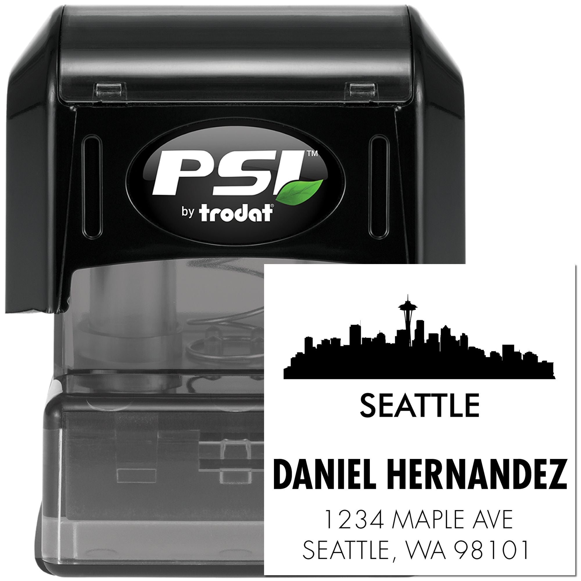 PSI by Trodat custom self-inking rubber address stamp with Seattle skyline, Daniel Hernandez name, and return address.
