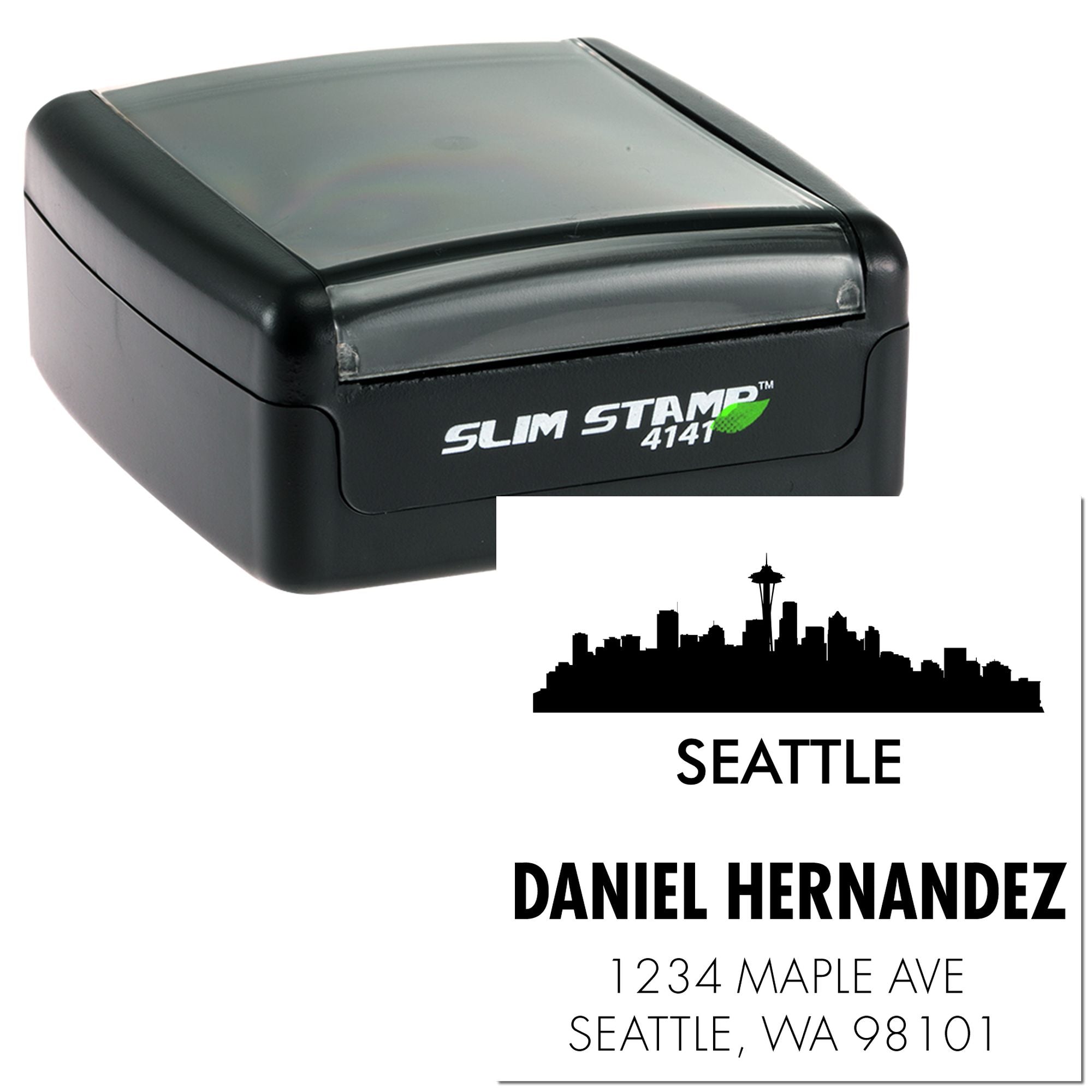 Self-inking custom rubber address stamp with Seattle skyline, name, and address imprint for personalized mail.