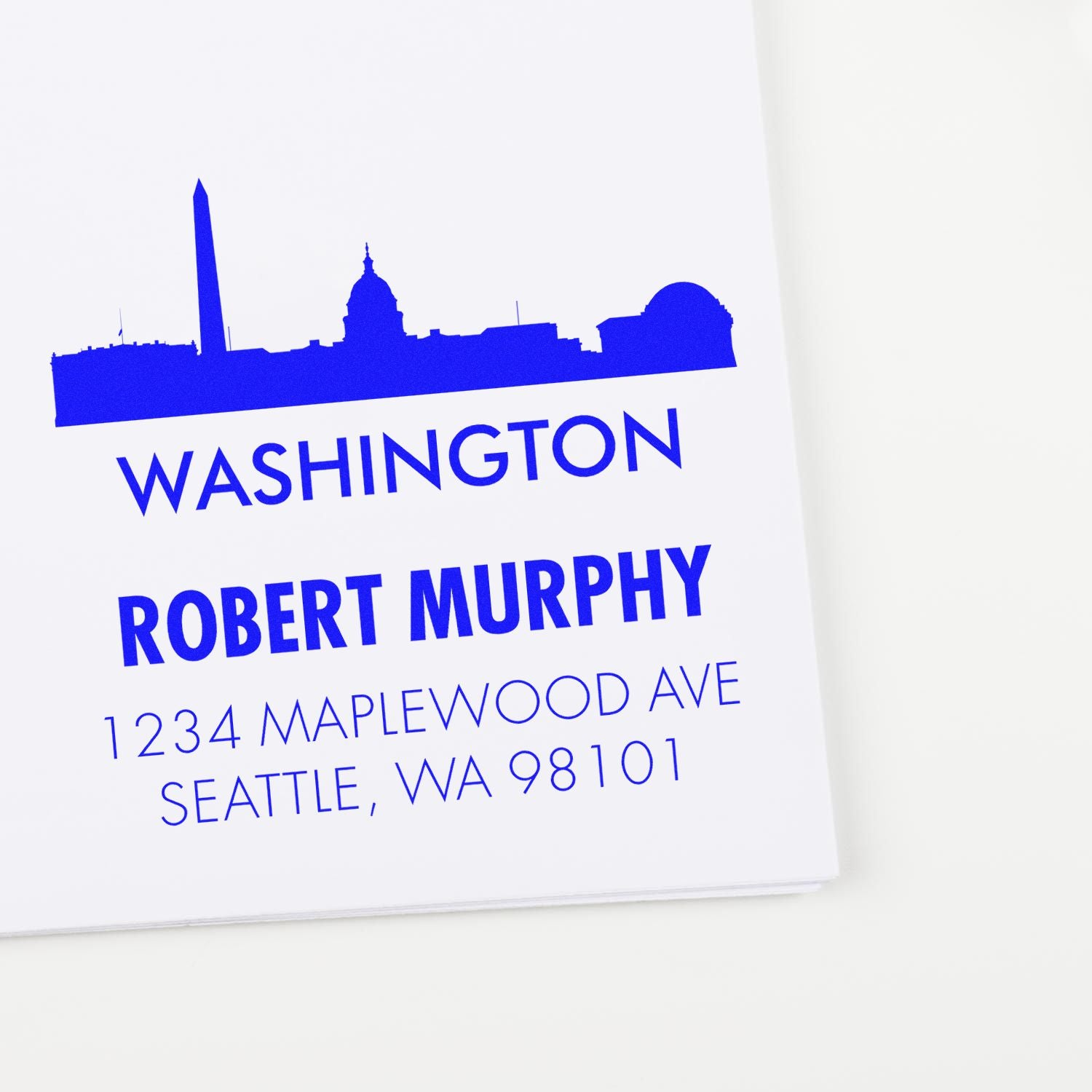 Custom Washington rubber stamp with Seattle skyline, Robert Murphy address, 1234 Maplewood Ave, Seattle WA 98101