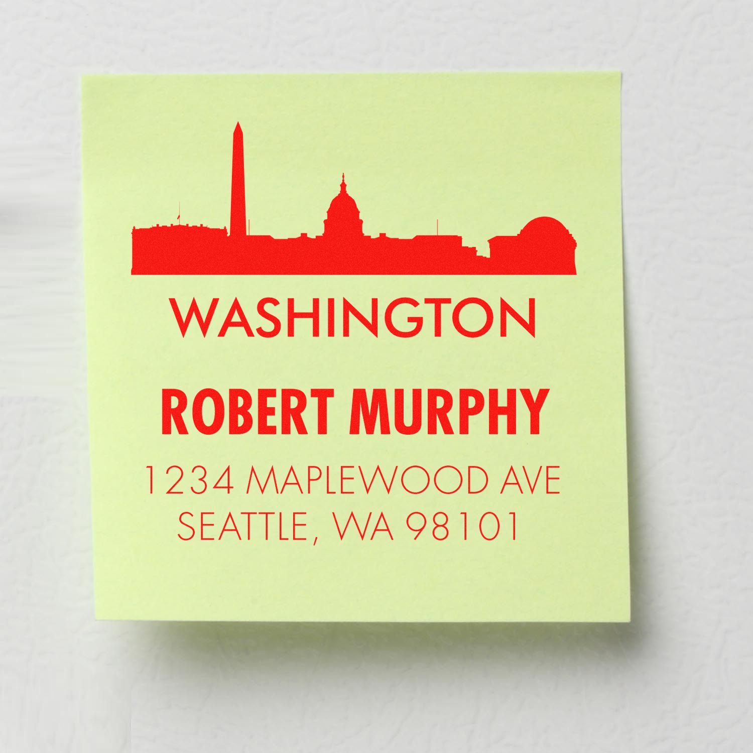 Personalized Washington address rubber stamp with Seattle skyline, Robert Murphy name, and mailing address.