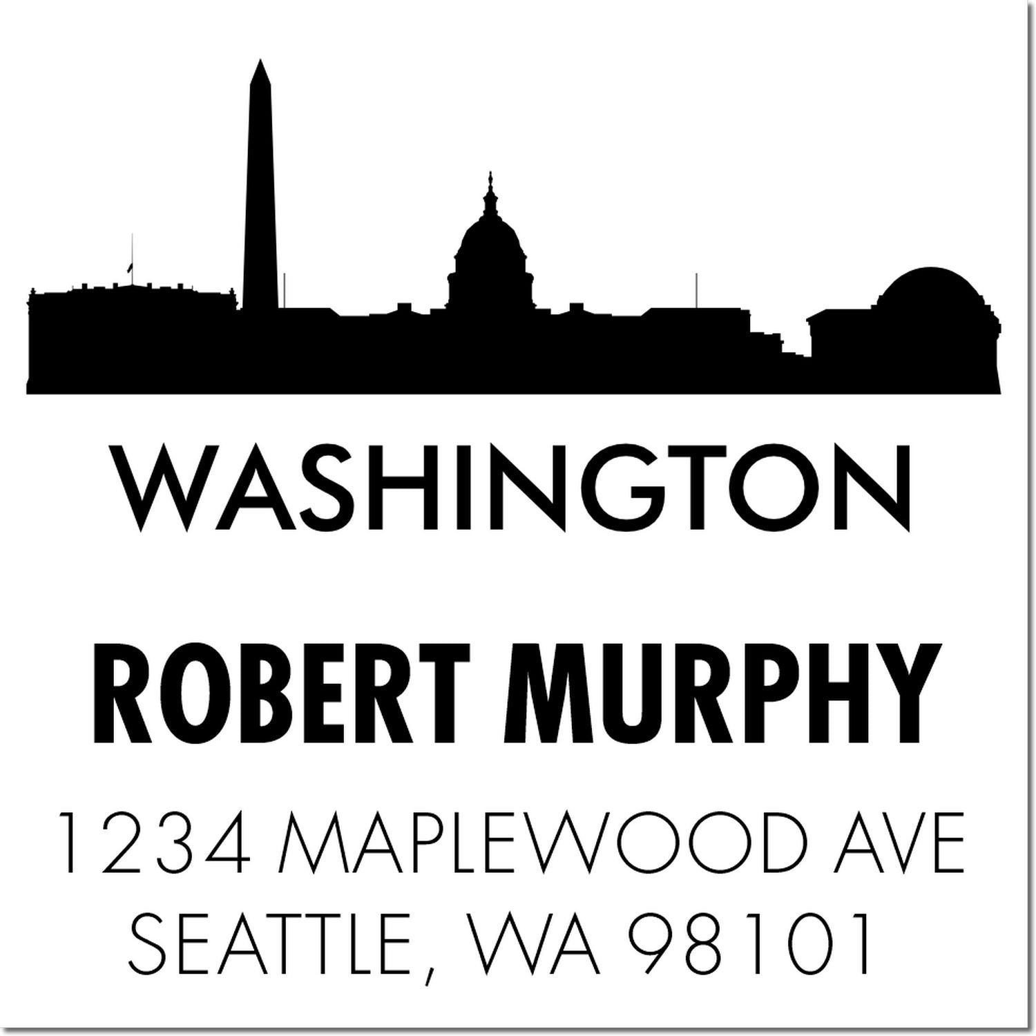 Washington skyline custom return address rubber stamp for Robert Murphy, 1234 Maplewood Ave, Seattle, WA 98101.