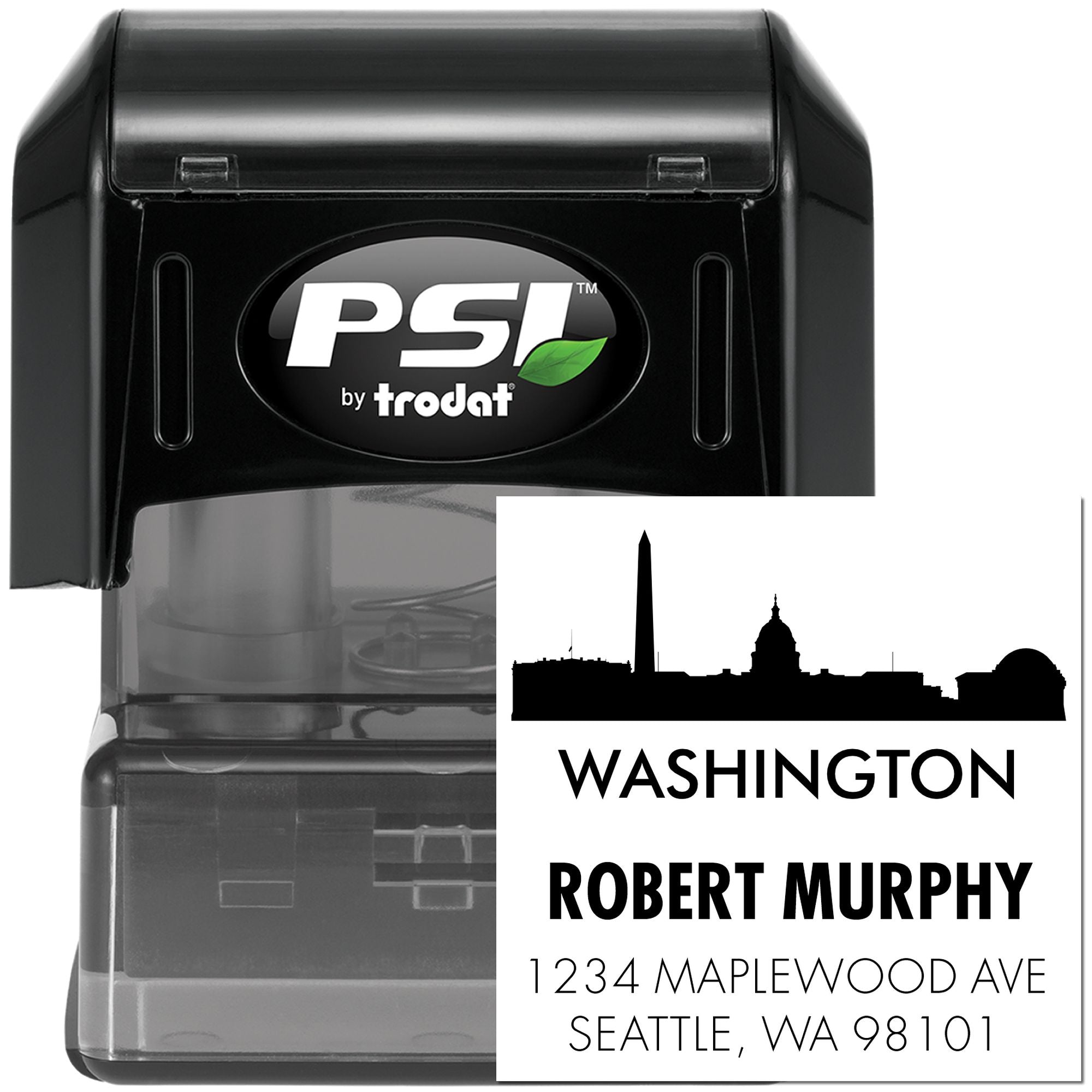 Custom self-inking PSI by Trodat rubber stamp with Washington skyline, Robert Murphy address for Seattle, WA mailings.