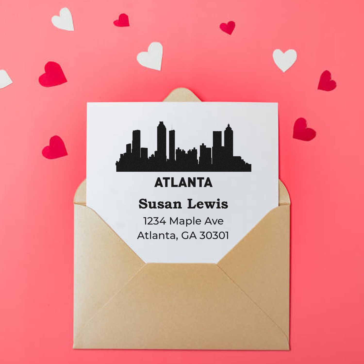 Custom Atlanta address rubber stamp for wedding invitations and personalized mailings, featuring skyline design and name.
