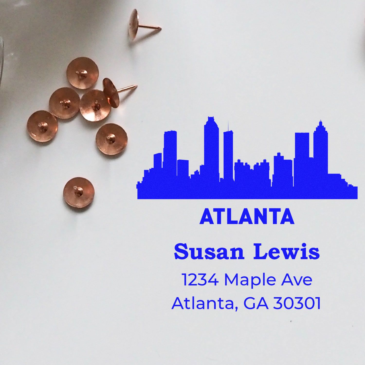 Personalized Atlanta skyline return address rubber stamp with Susan Lewis and Atlanta, GA mailing address