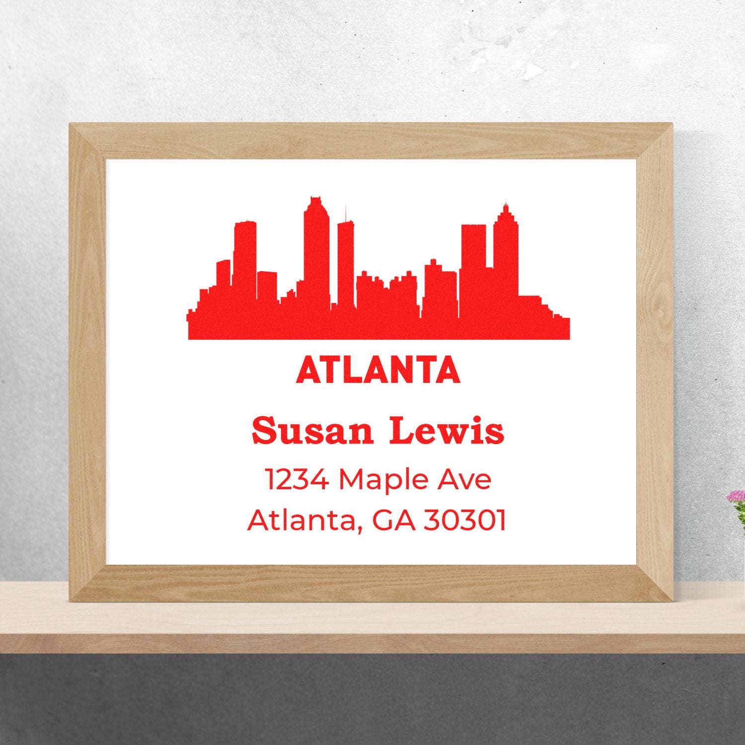 Custom Atlanta skyline return address rubber stamp with Susan Lewis, 1234 Maple Ave, Atlanta, GA 30301.