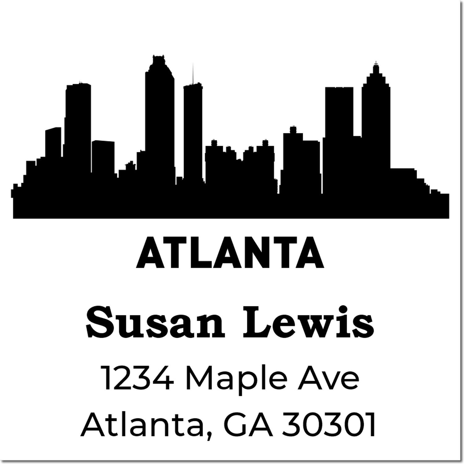 Custom Atlanta skyline return address stamp for Susan Lewis, 1234 Maple Ave, Atlanta, GA 30301.