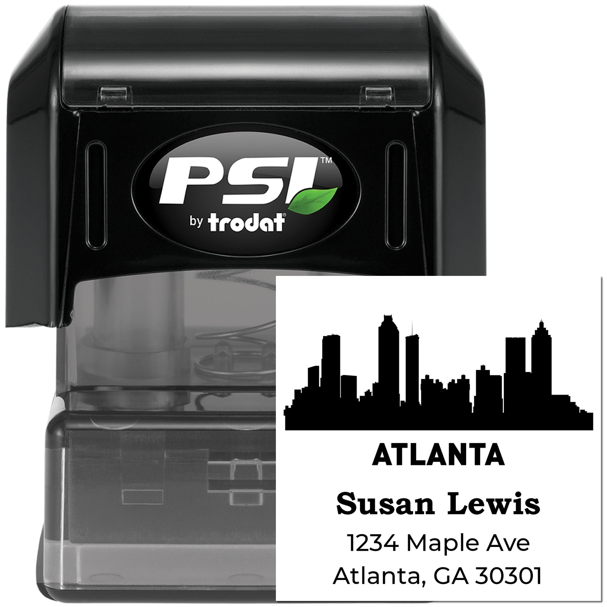 Custom Atlanta self-inking rubber address stamp with skyline, Susan Lewis name, and 30301 return address.