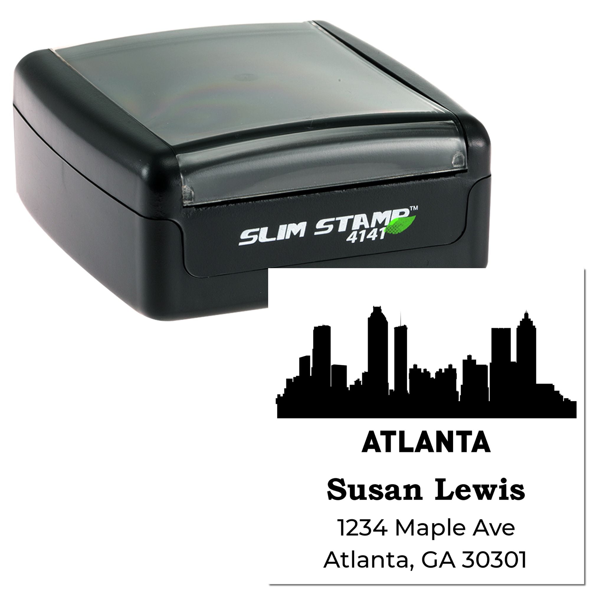 Custom self-inking rubber address stamp with Atlanta skyline for Susan Lewis, showing name and mailing address.