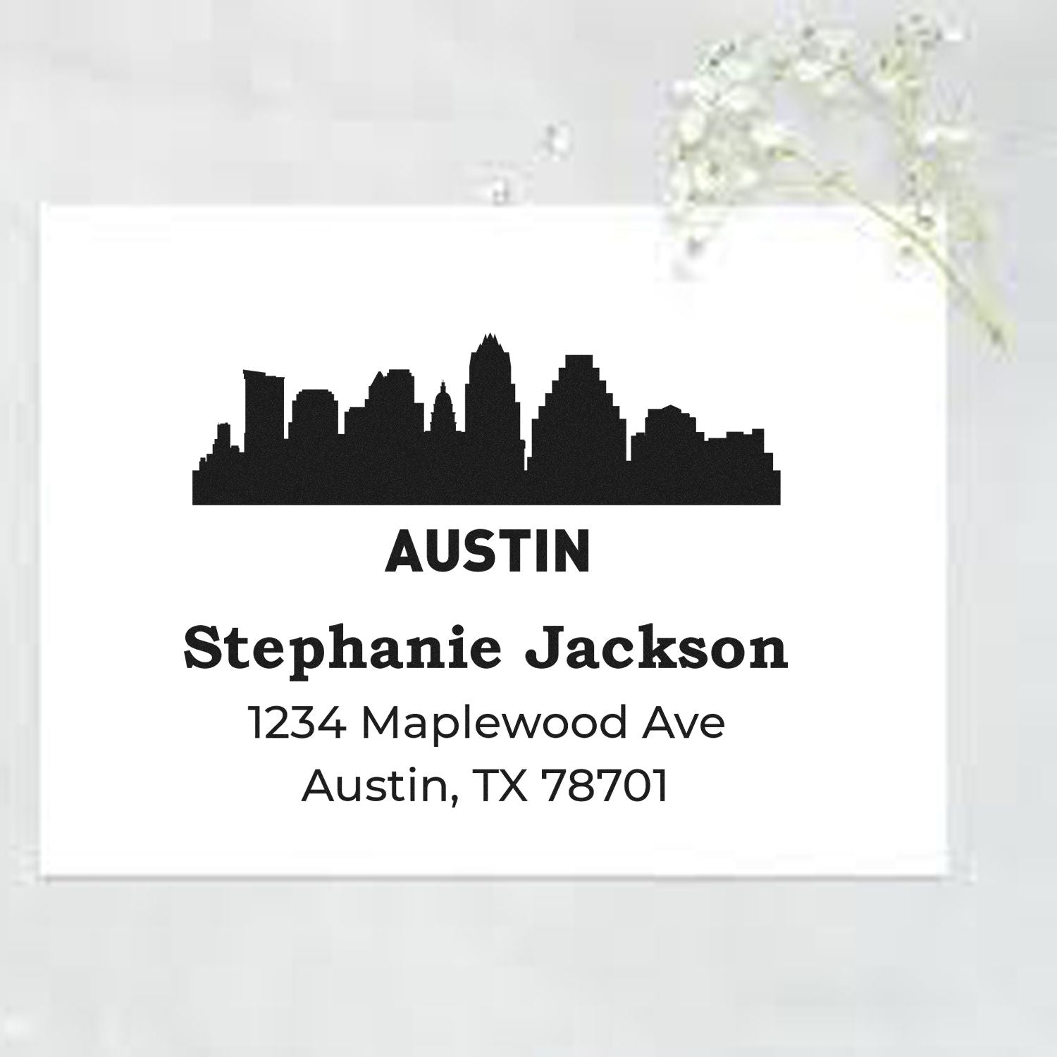 Custom Austin skyline return address rubber stamp for Stephanie Jackson, 1234 Maplewood Ave, Austin, TX 78701