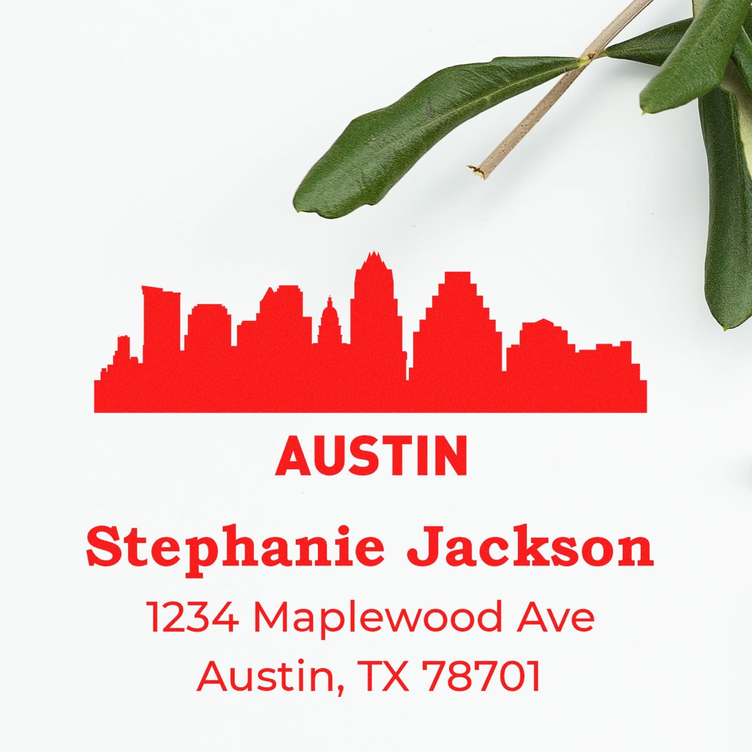 Custom Austin return address rubber stamp with skyline design and personalized name and address.