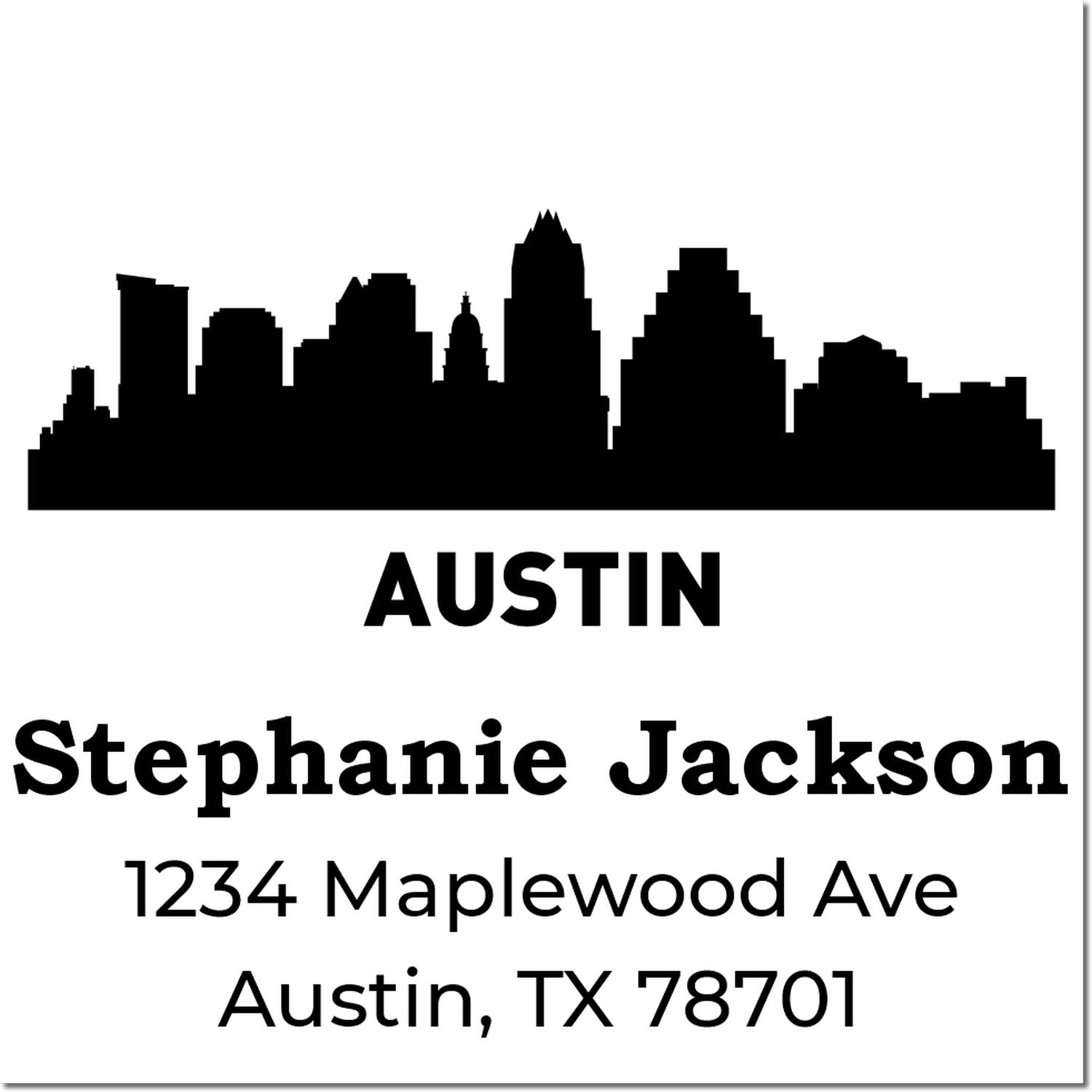Custom Austin skyline address rubber stamp for Stephanie Jackson, 1234 Maplewood Ave, Austin, TX 78701