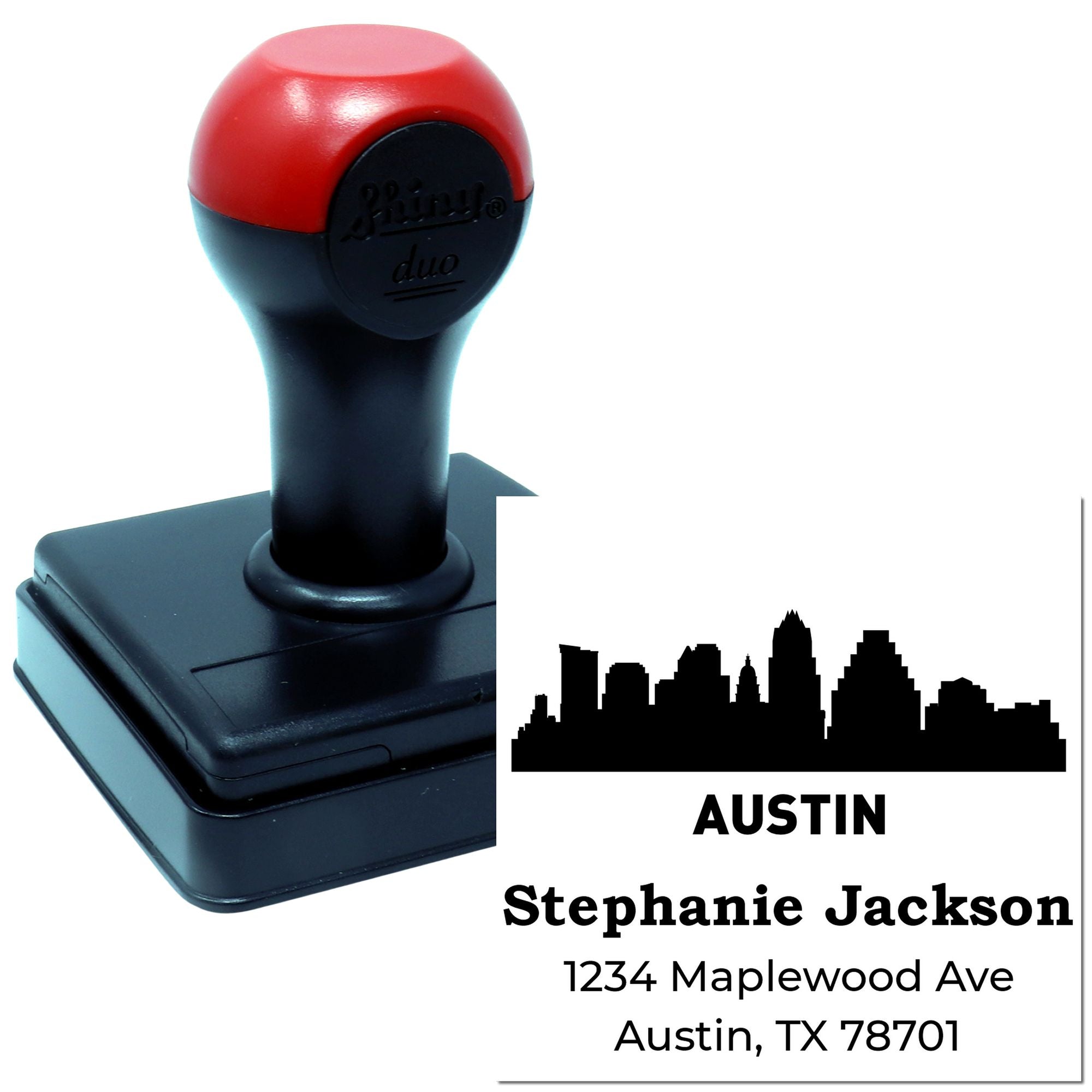 Custom self-inking rubber stamp with Austin skyline return address imprint for personalized business and mail use.