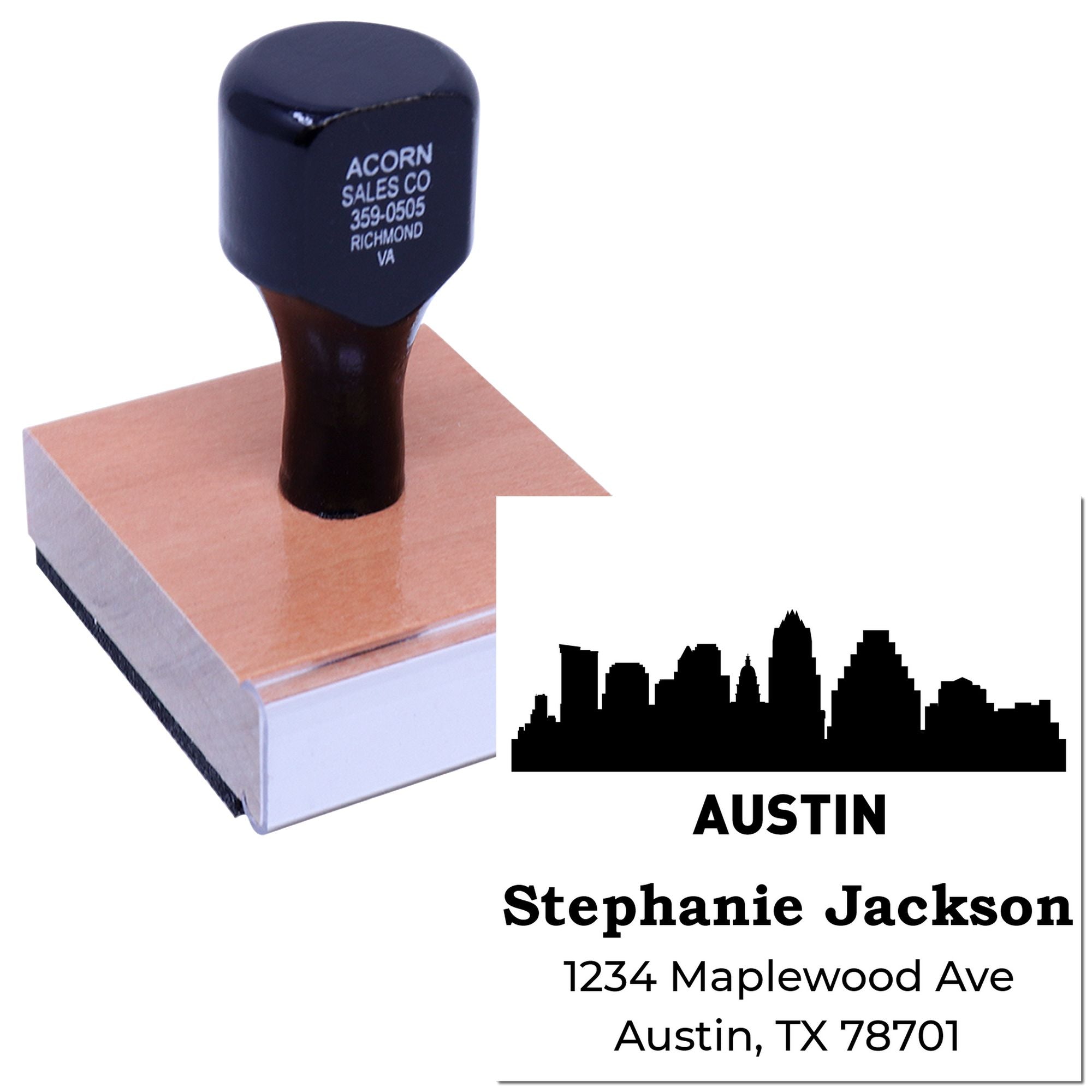 Custom Austin address rubber stamp with skyline design, personalized for Stephanie Jackson, 1234 Maplewood Ave, Austin, TX 78701.