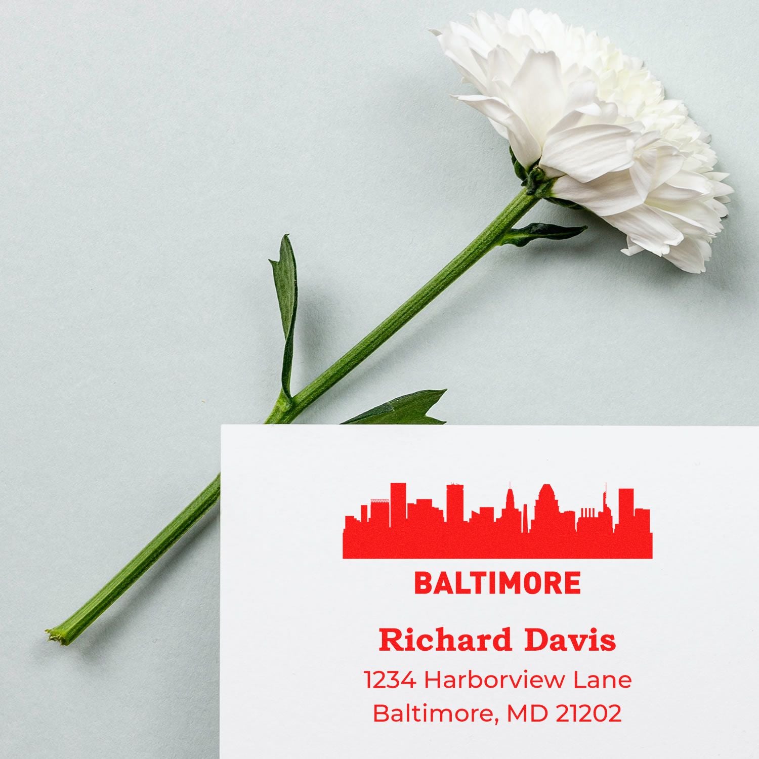 Custom Baltimore return address rubber stamp with skyline design for Richard Davis, 1234 Harborview Lane, MD 21202