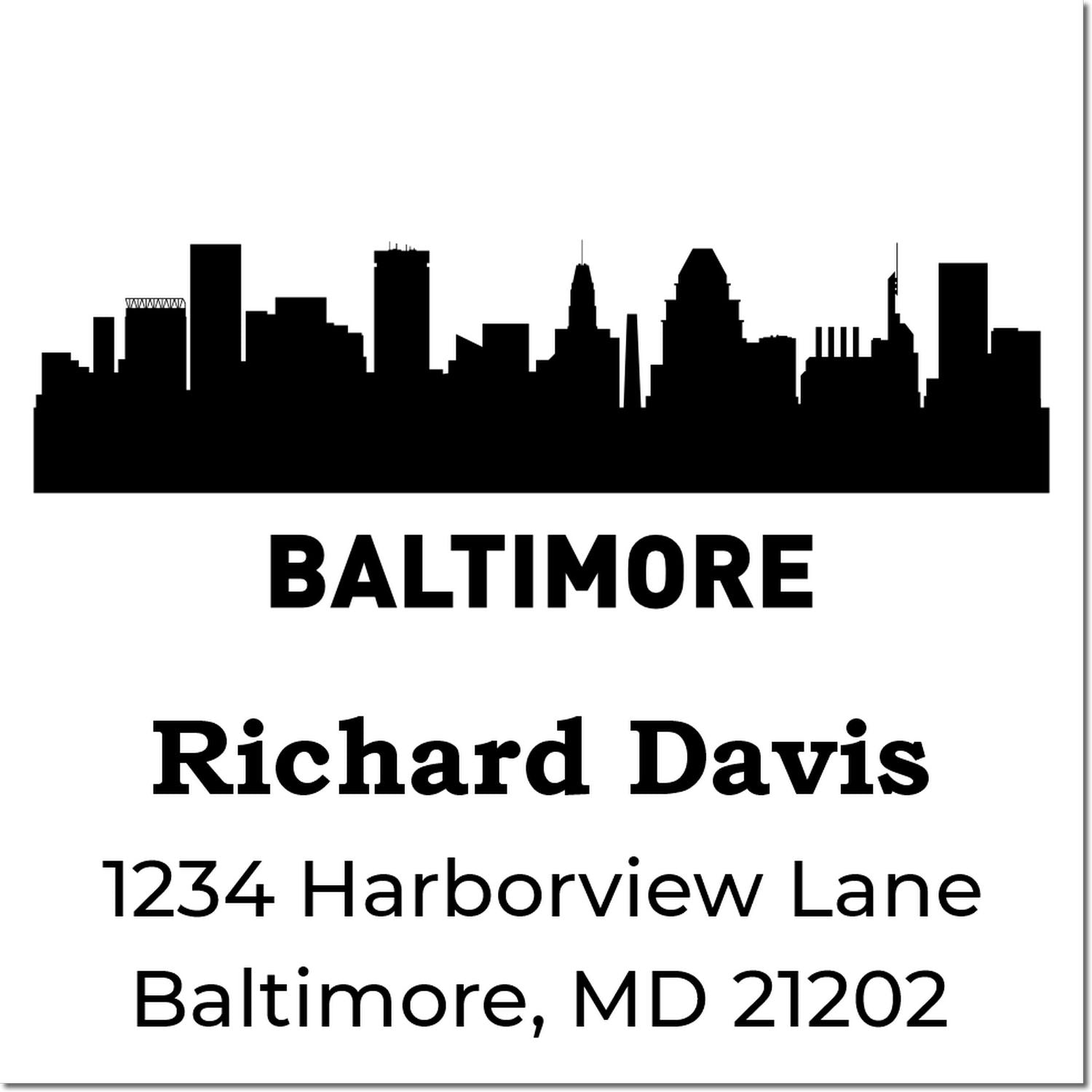 Custom Baltimore address rubber stamp with skyline, name, and return mailing address for personalized business or home use.