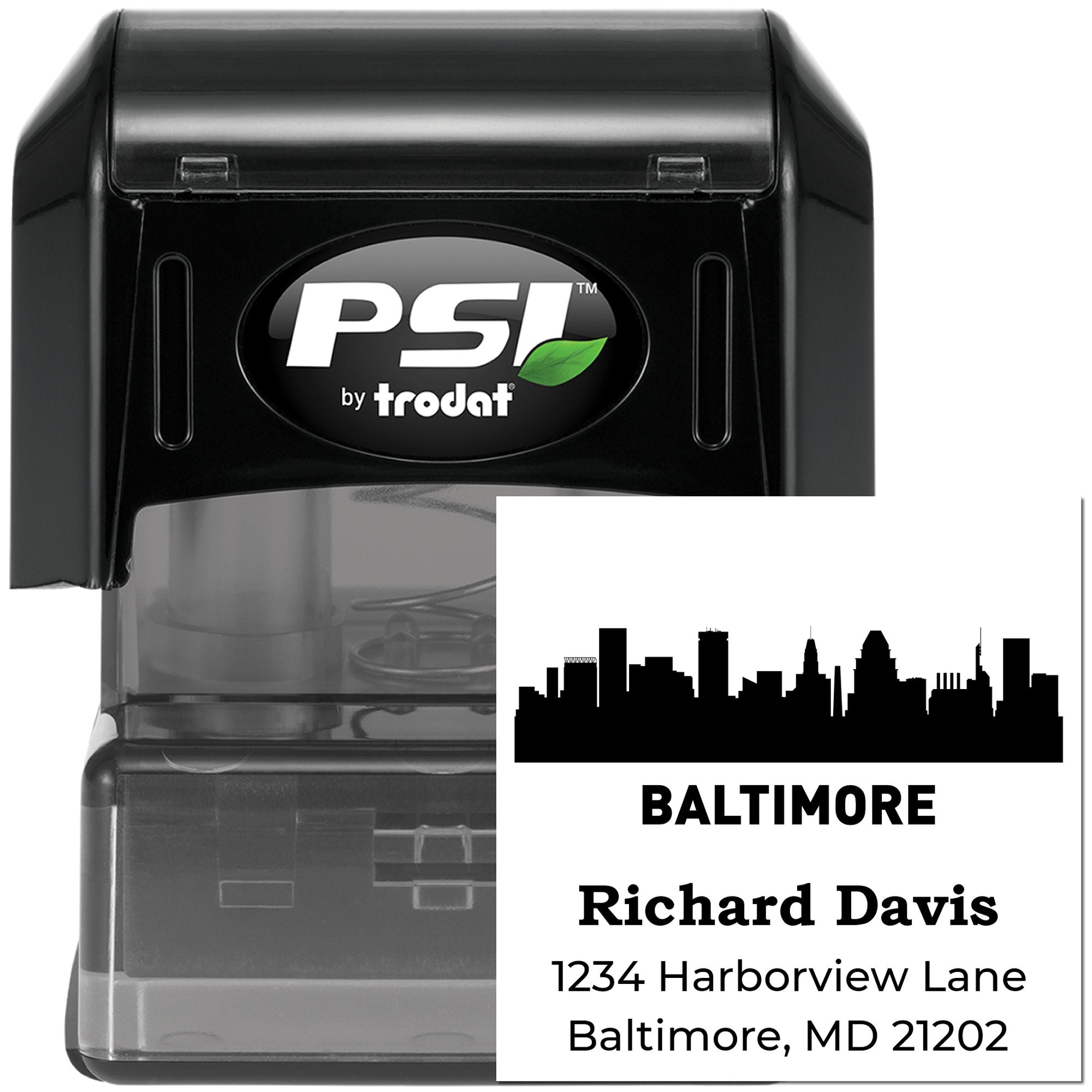 Custom self-inking address rubber stamp with Baltimore skyline, name, and mailing address for personal or business use.