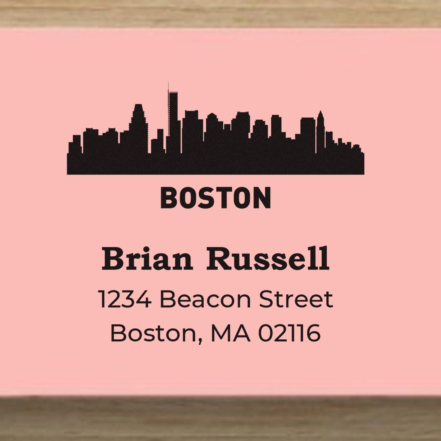 Boston skyline return address rubber stamp for Brian Russell, 1234 Beacon Street, Boston, MA 02116.
