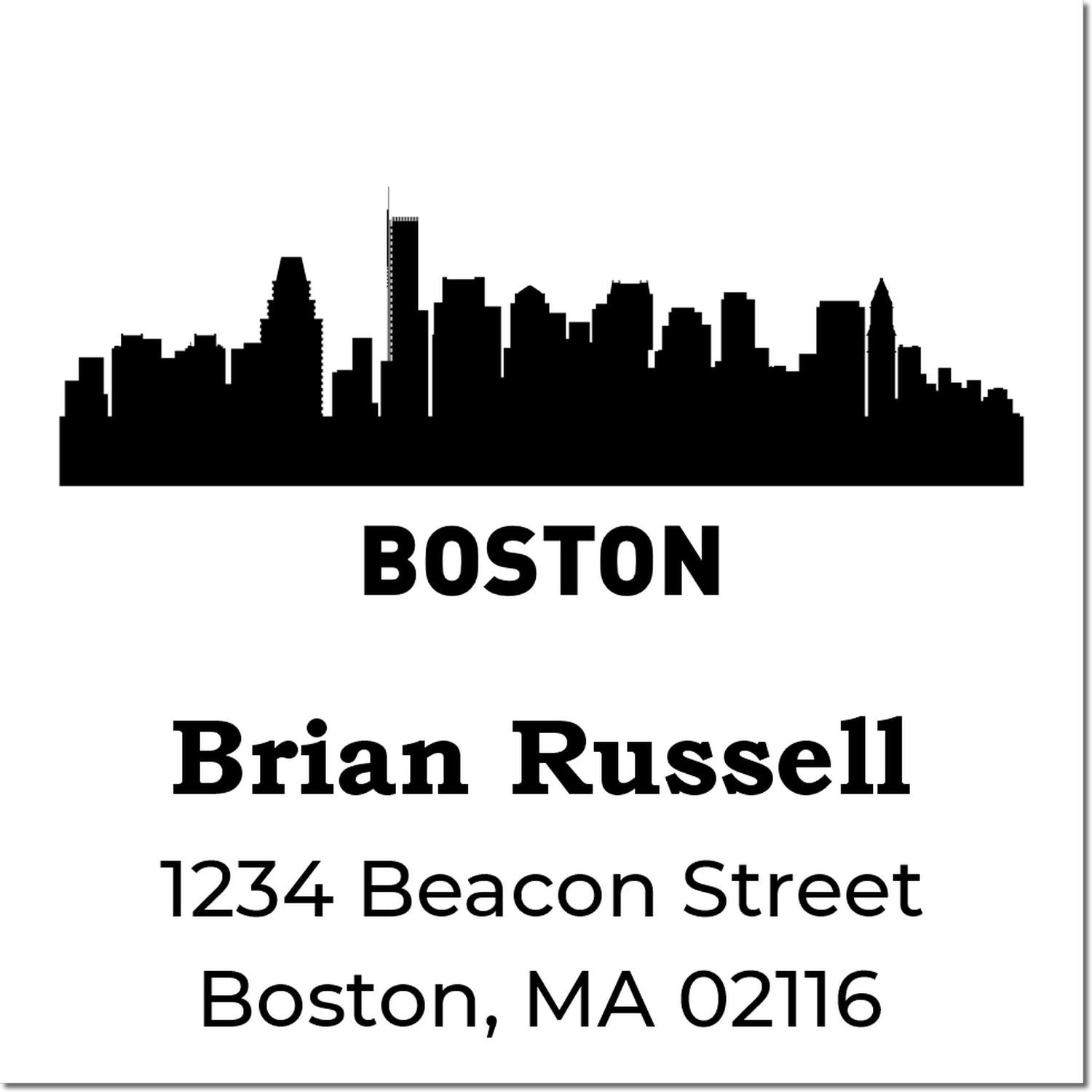 Custom Boston address rubber stamp with skyline silhouette for Brian Russell, 1234 Beacon Street, Boston, MA 02116.