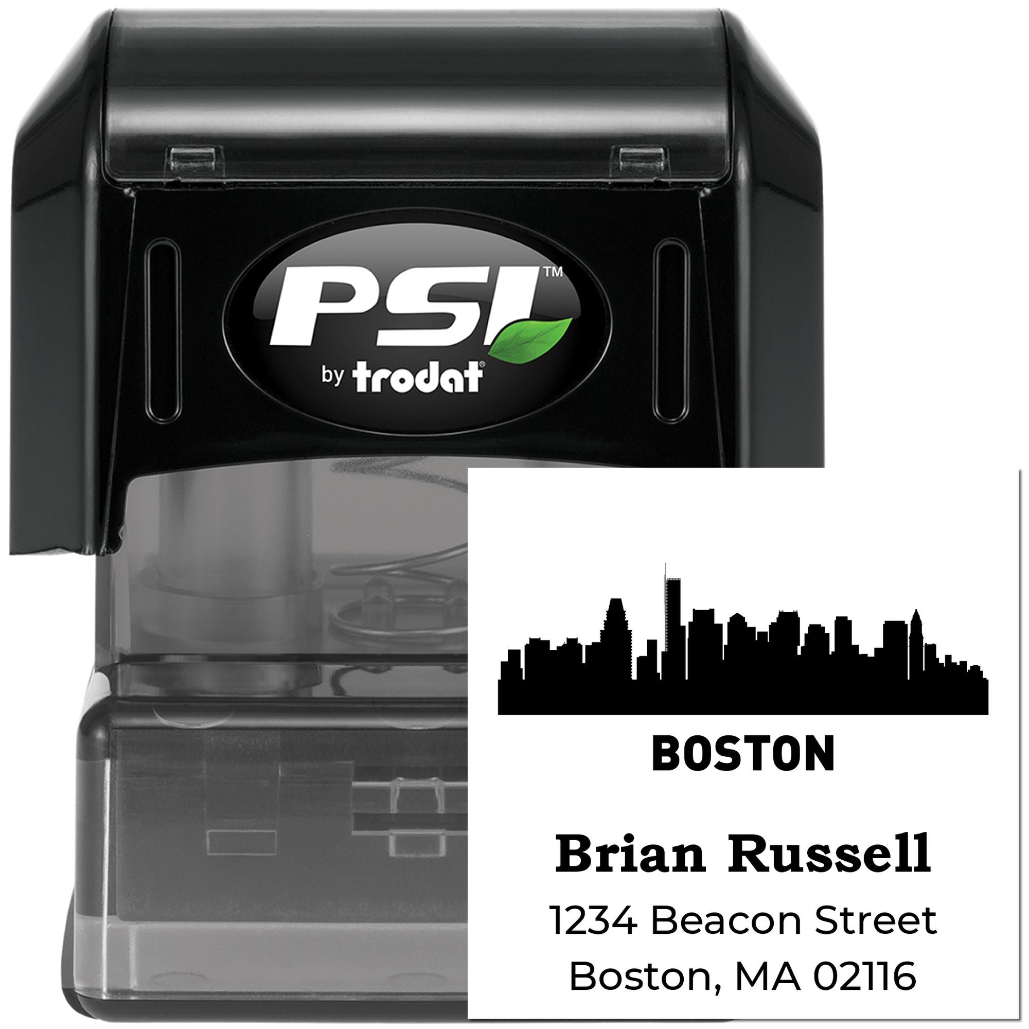 Custom self-inking address rubber stamp with Boston skyline for Brian Russell mailing labels.