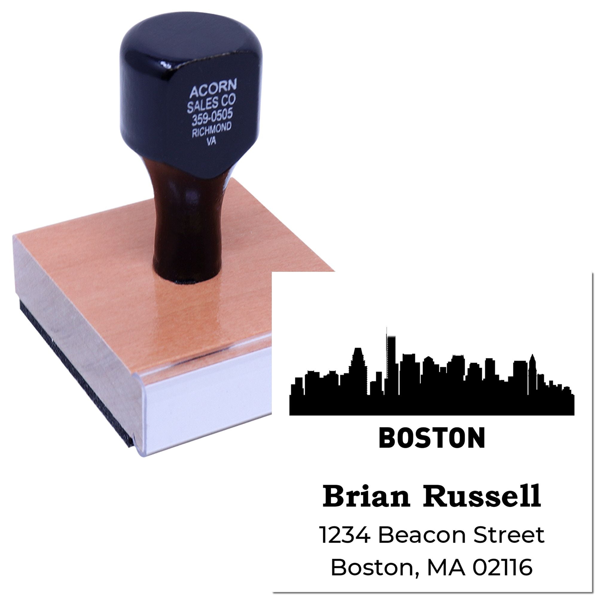 Custom self-inking rubber return address stamp with Boston skyline and personalized name and address imprint.