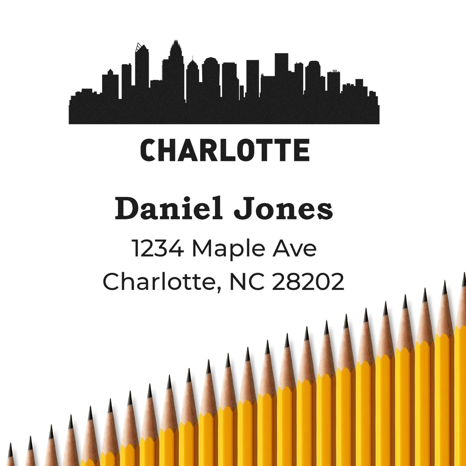 Charlotte skyline custom address stamp for Daniel Jones, 1234 Maple Ave, Charlotte, NC 28202