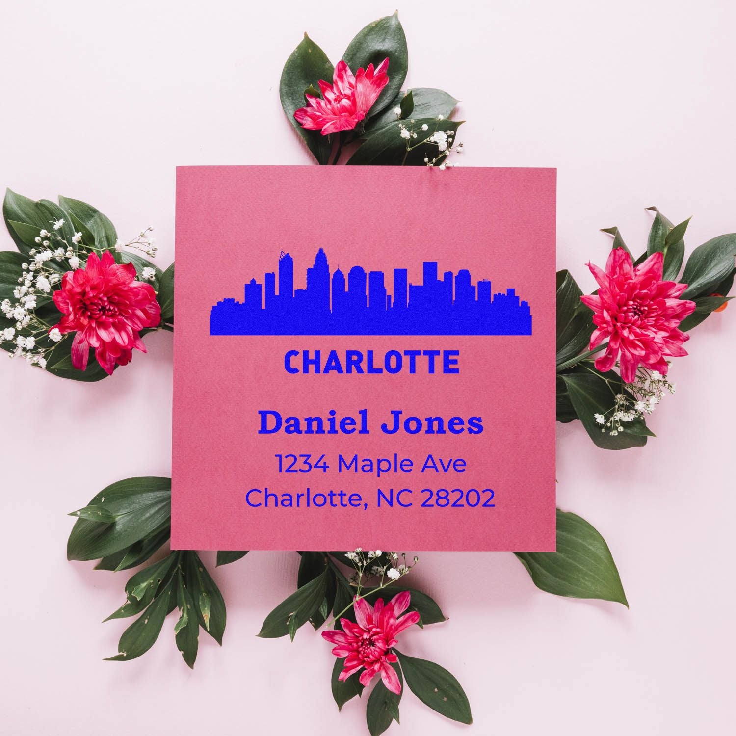 Personalized Charlotte return address rubber stamp with skyline design for wedding invitations and stationery.