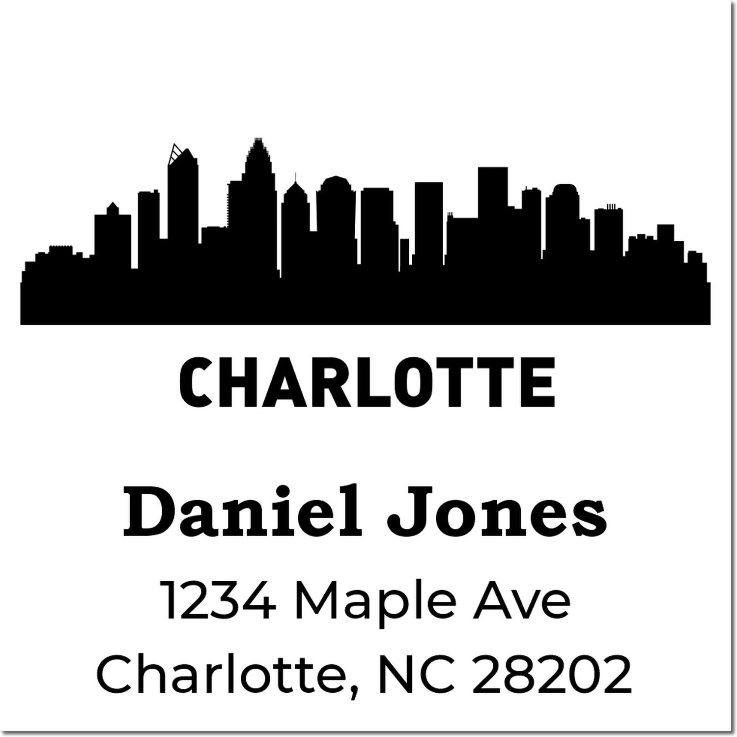 Custom Charlotte NC address rubber stamp with skyline silhouette, Daniel Jones, and 1234 Maple Ave mailing address.