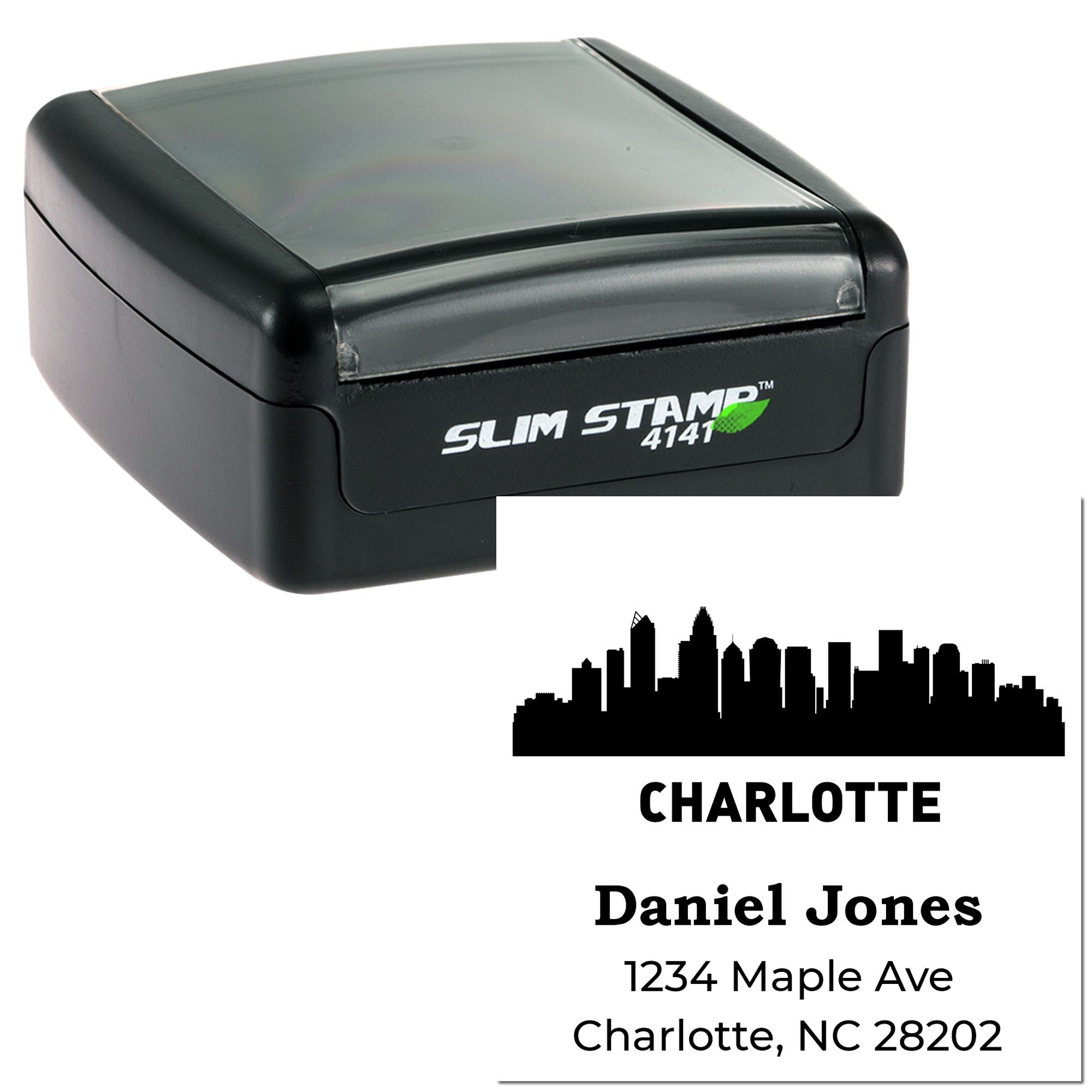 Personalized self-inking rubber stamp with Charlotte skyline return address design for Daniel Jones, 1234 Maple Ave, Charlotte, NC 28202