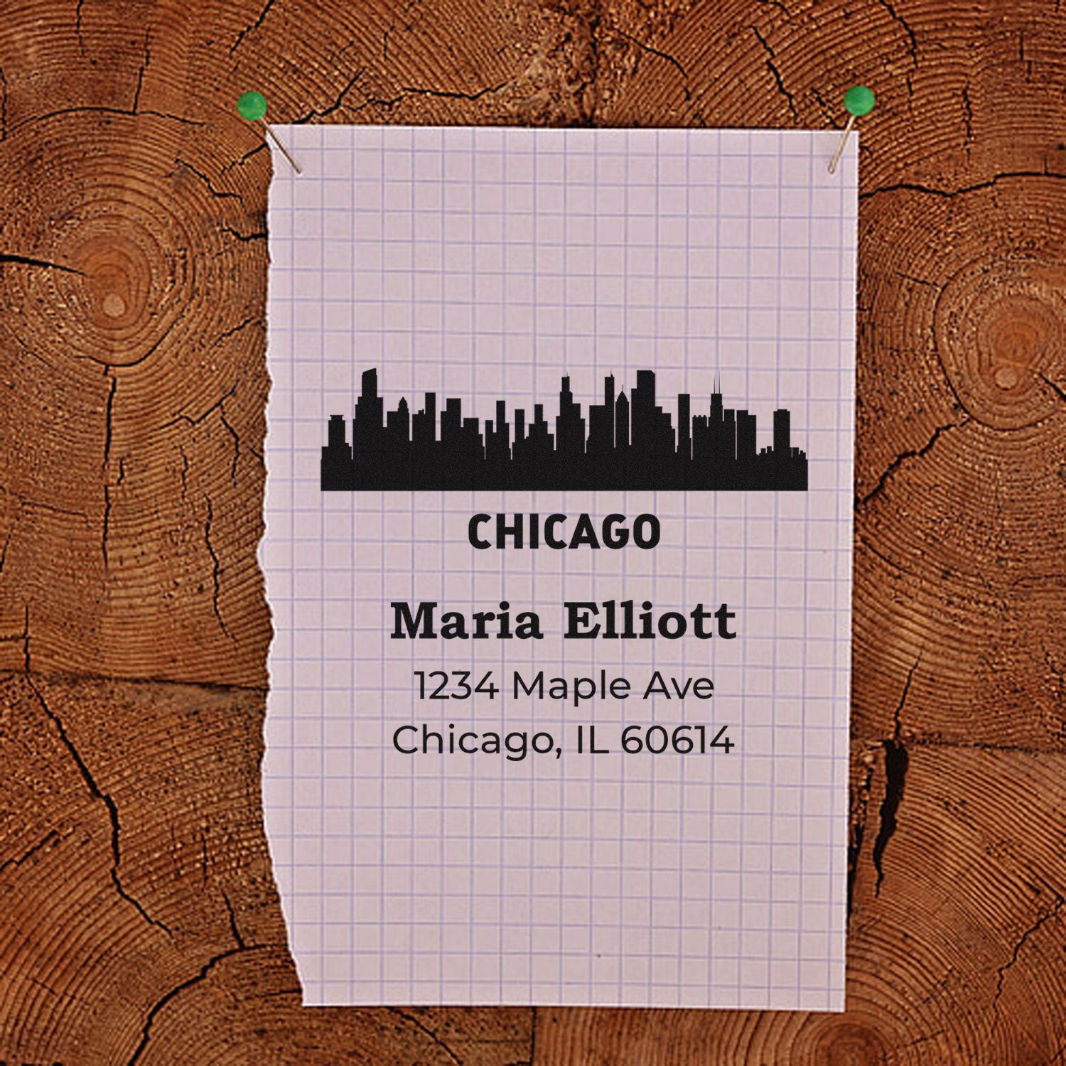 Custom return address rubber stamp with Chicago skyline, Maria Elliott name, and mailing address on paper.