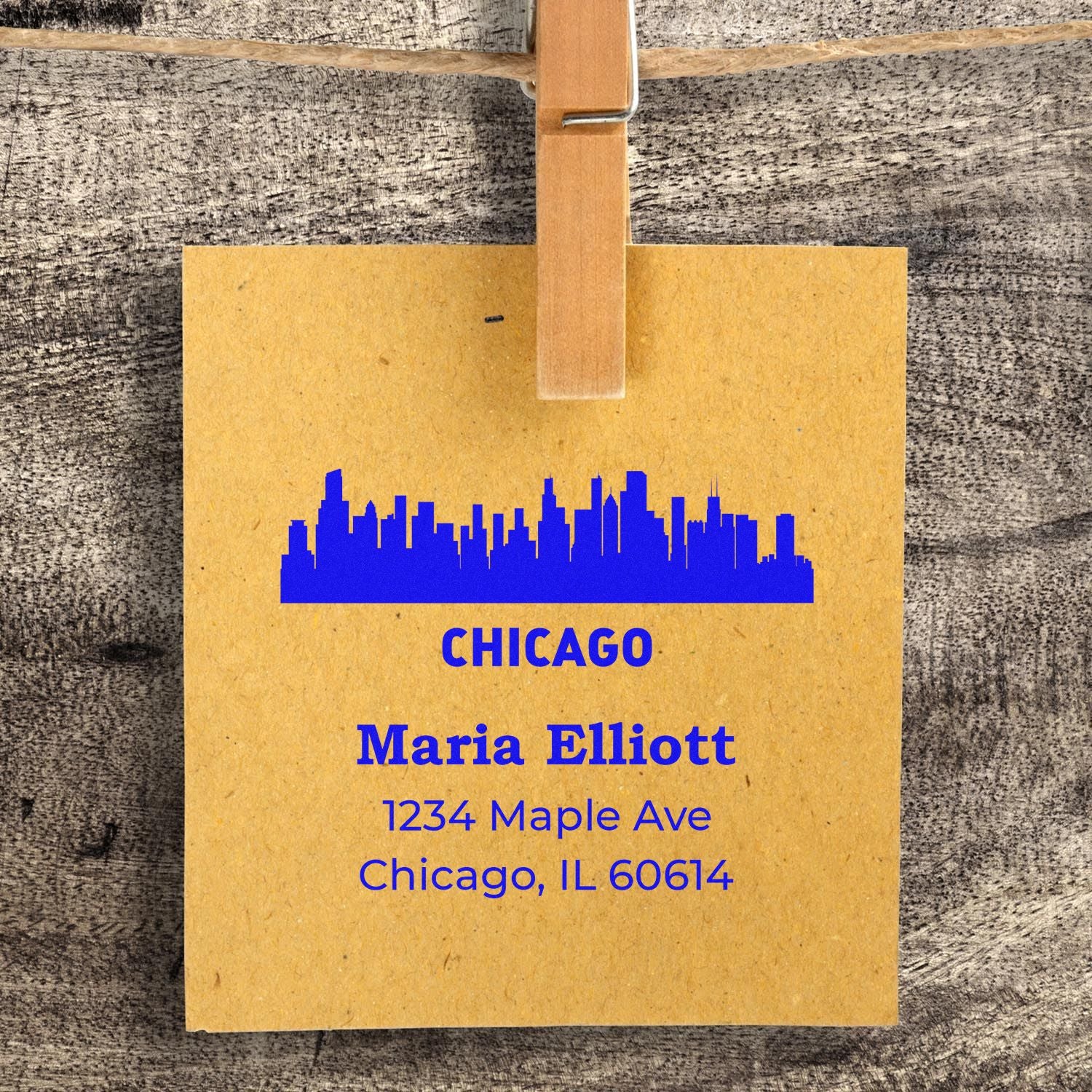 Personalized Chicago skyline address rubber stamp for Maria Elliotts envelopes and mailing labels