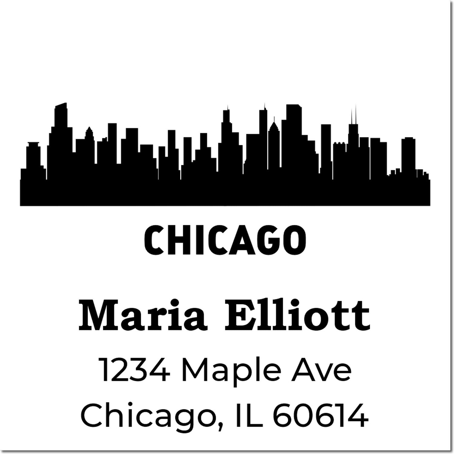 Custom Chicago address rubber stamp with skyline silhouette for Maria Elliott, 1234 Maple Ave, Chicago, IL 60614.