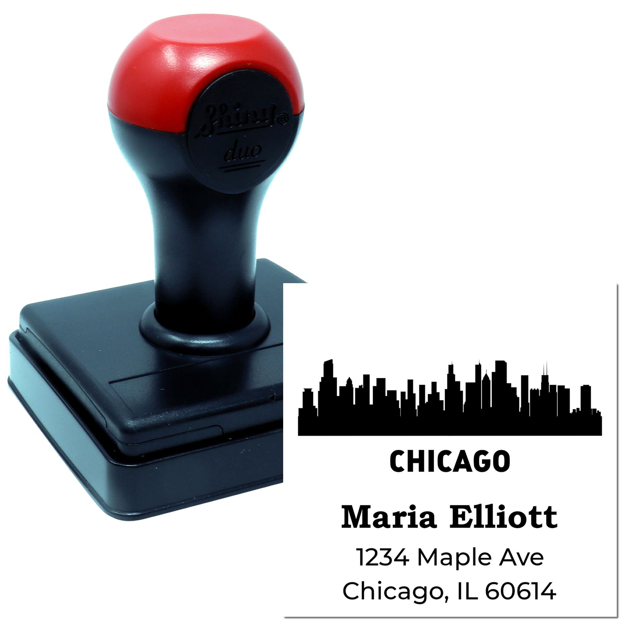 Self-inking rubber stamp with Chicago skyline return address for Maria Elliott, 1234 Maple Ave, Chicago, IL 60614